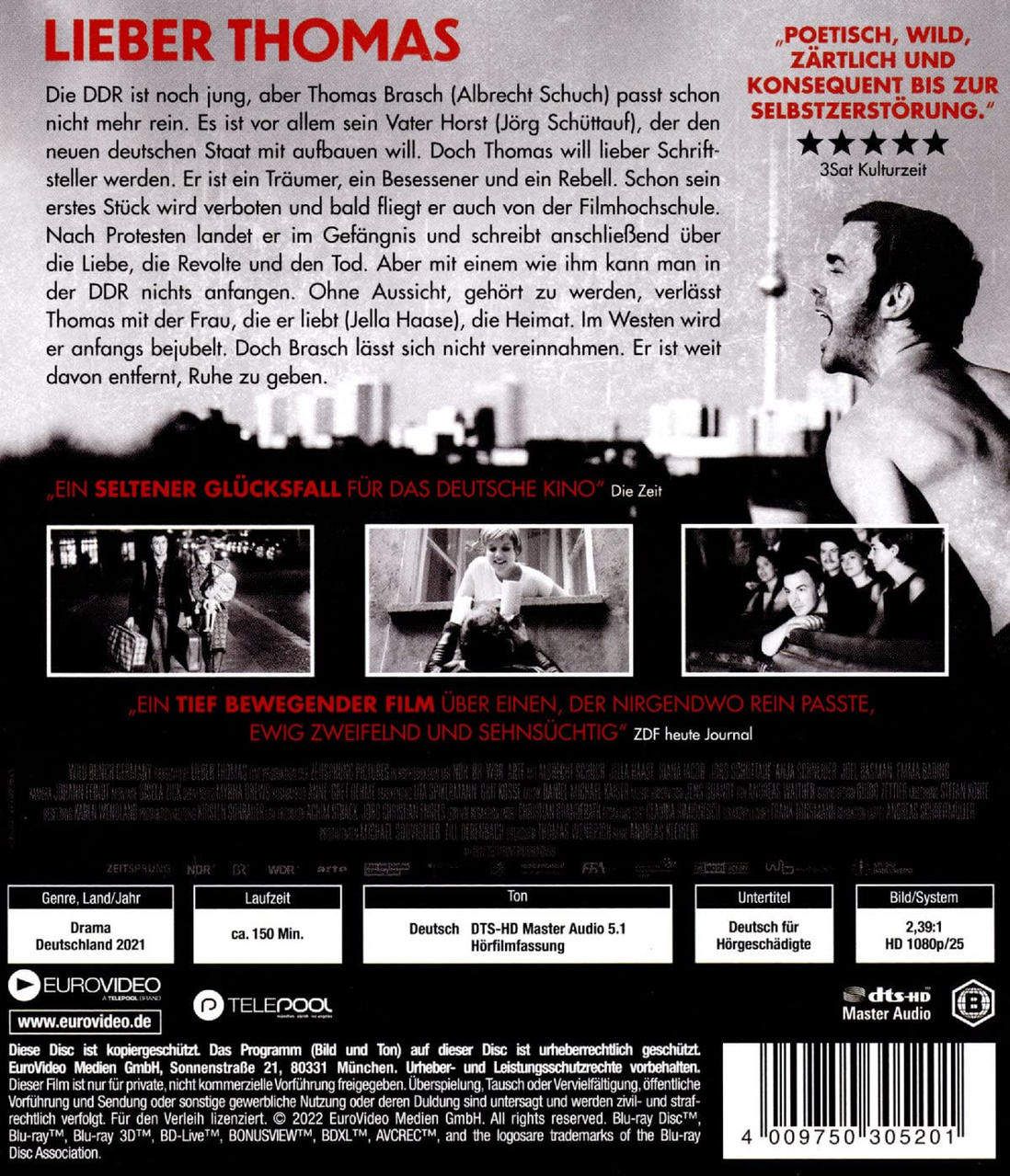 DVD-Cover für den Film 'Lieber Thomas'. Es zeigt einen Mann und Text auf Deutsch, mit Filmdetails.