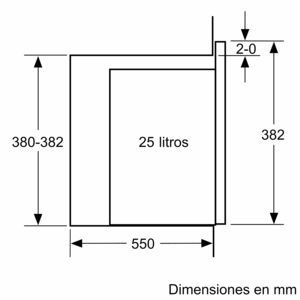 Diagrama de un horno microondas con dimensiones en mm. El horno tiene una capacidad de 25 litros.