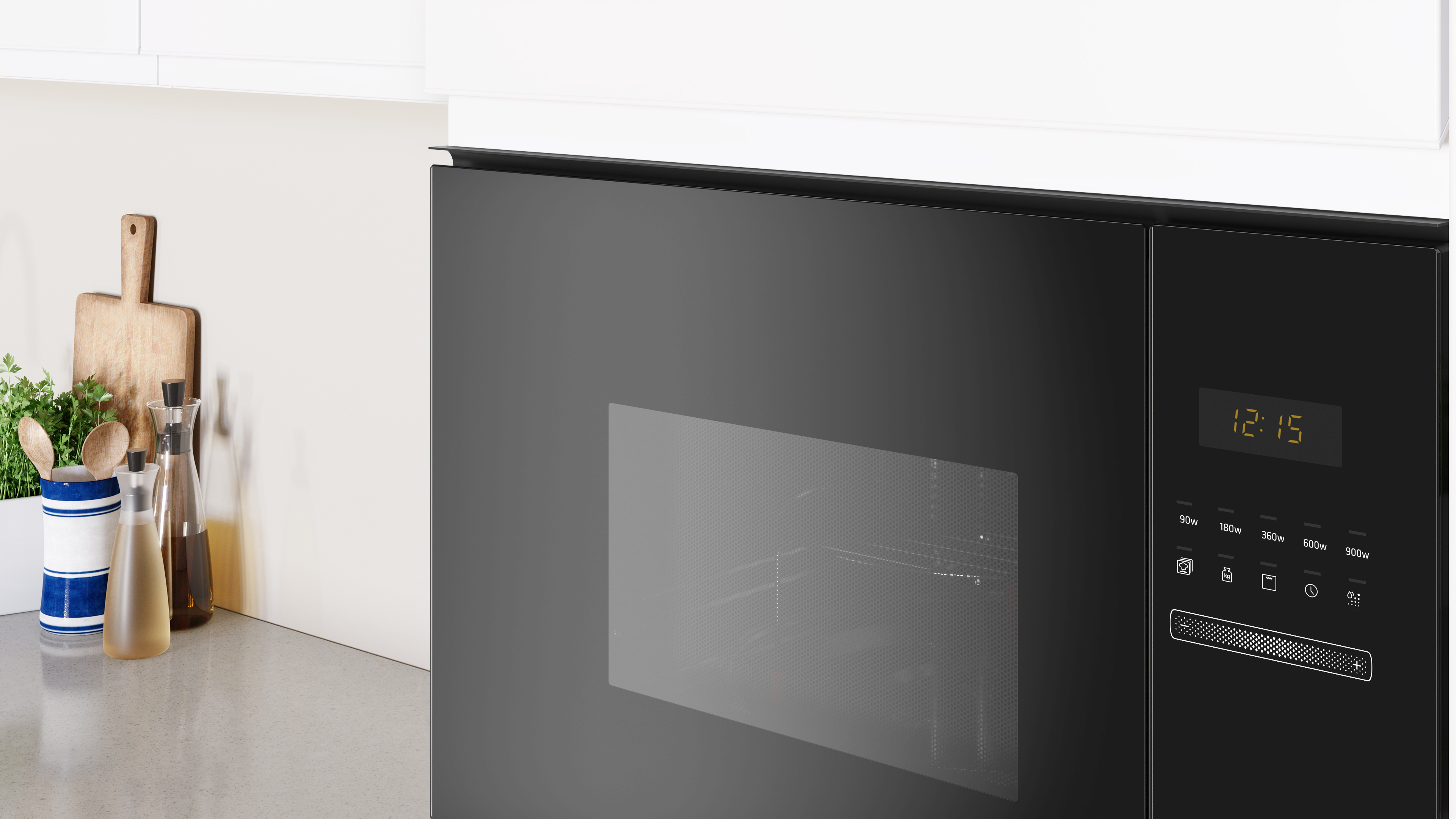 Moderno horno microondas negro empotrado en una pared con una pantalla digital que muestra 12:15.