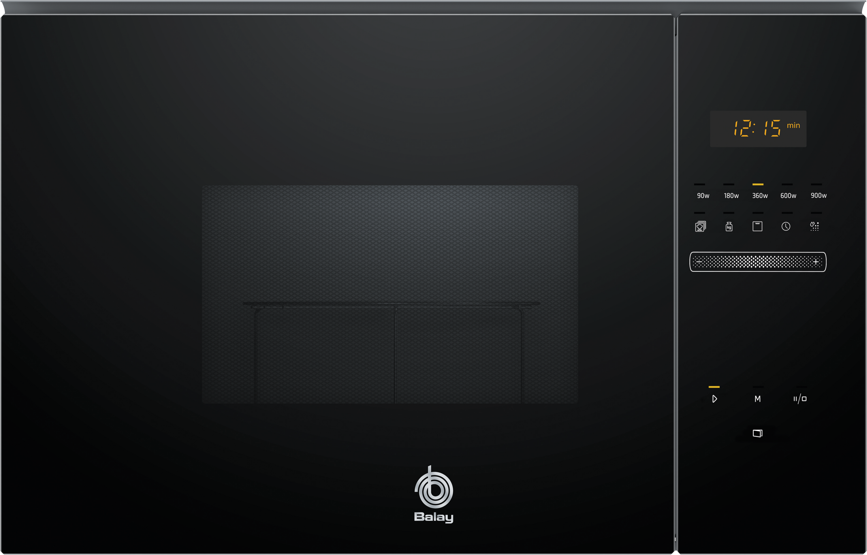 Un horno microondas negro con una pantalla digital que muestra las 12:15, con botones y una puerta.