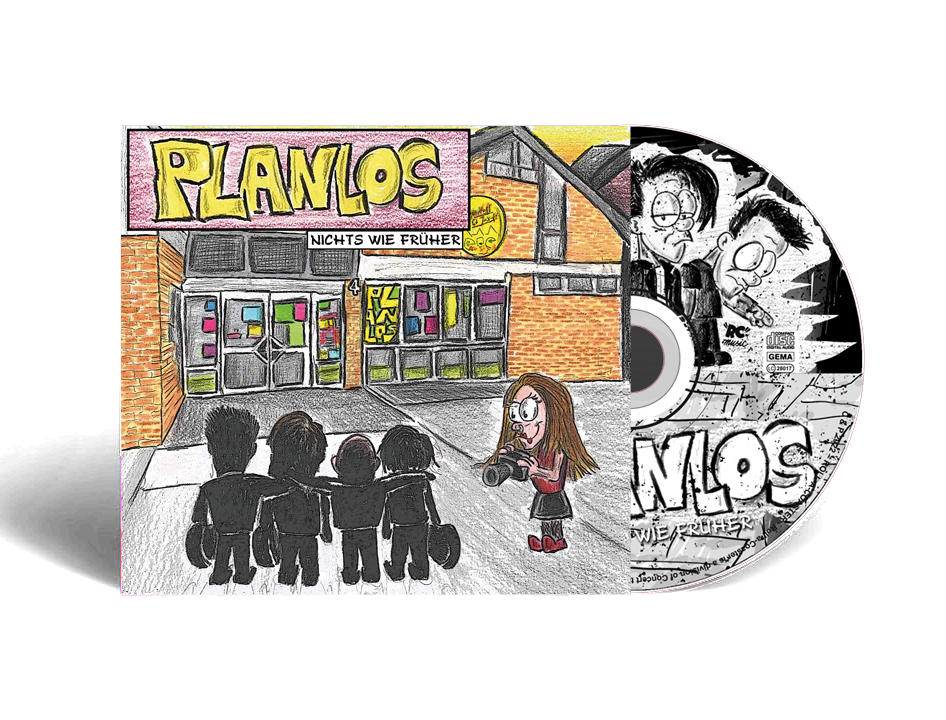 Albumcover mit einem Cartoon von Menschen und einem Gebäude.