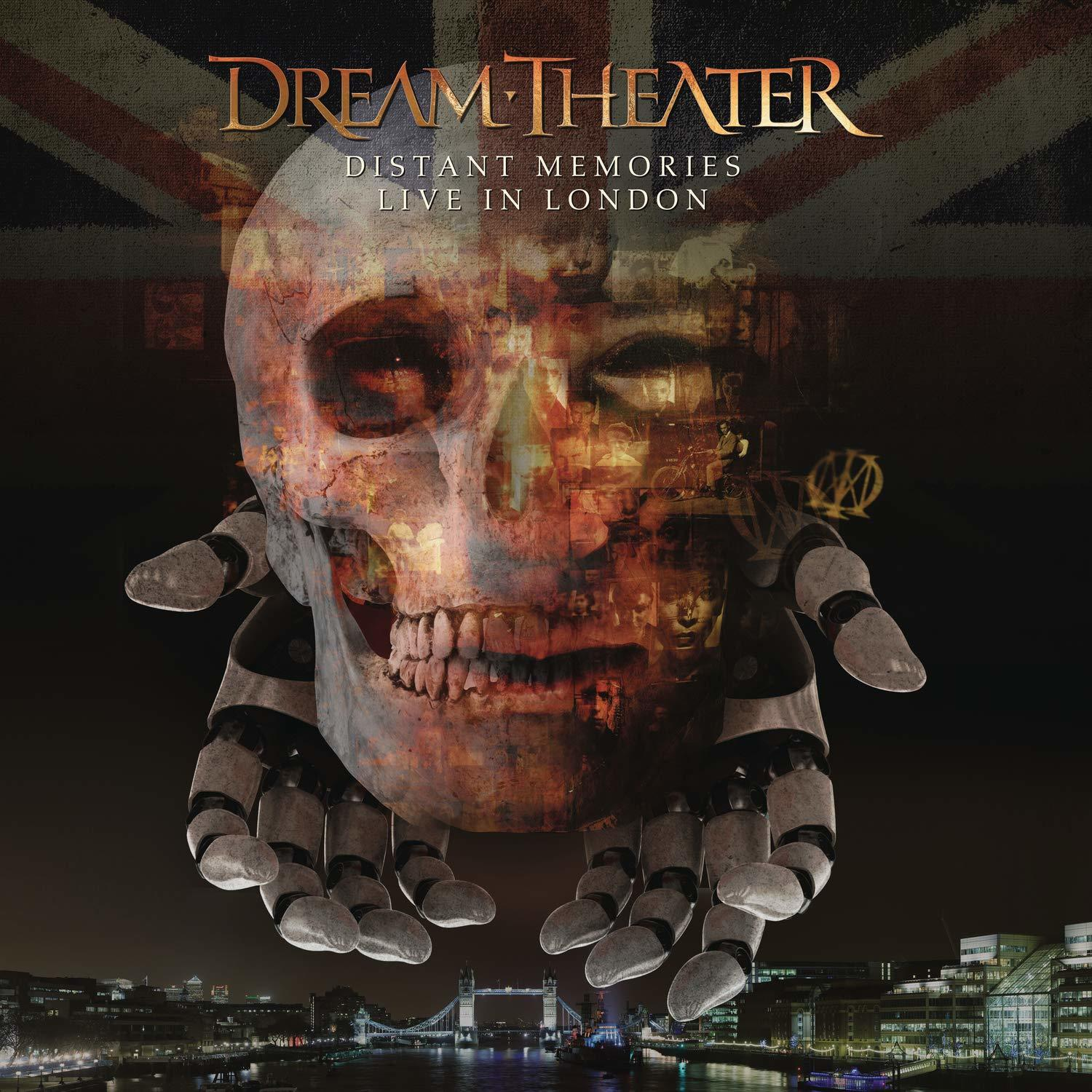 Dream Theater albumhoes met een schedel en stadsgezicht van Londen.