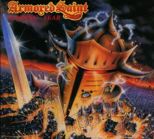 Albumcover mit Ritter in Rüstung. Ritter vor zerstörter Stadt. Blitze und Flammen im Hintergrund.