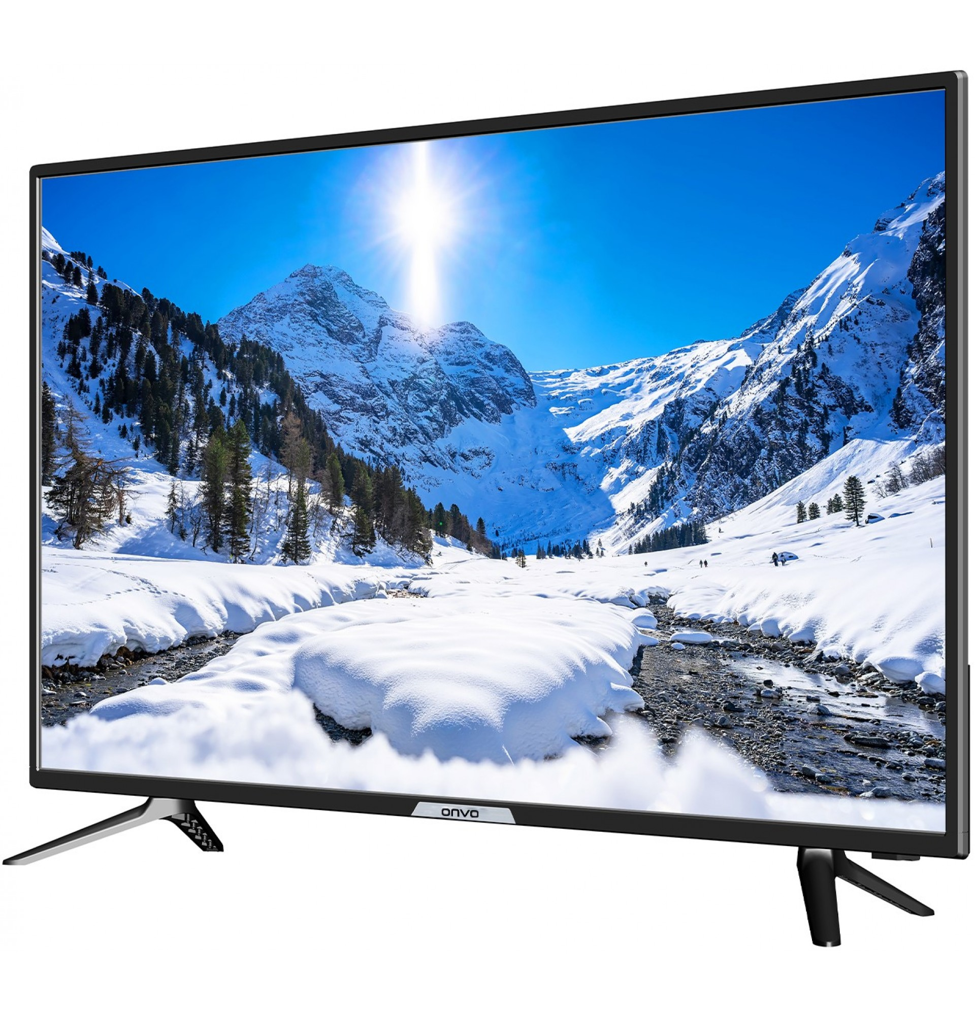 Bir TV, parlak güneşli, karlı bir dağ sahnesi gösteriyor. Karın içinden bir nehir akıyor. TV'nin siyah çerçevesi ve ayakları var.