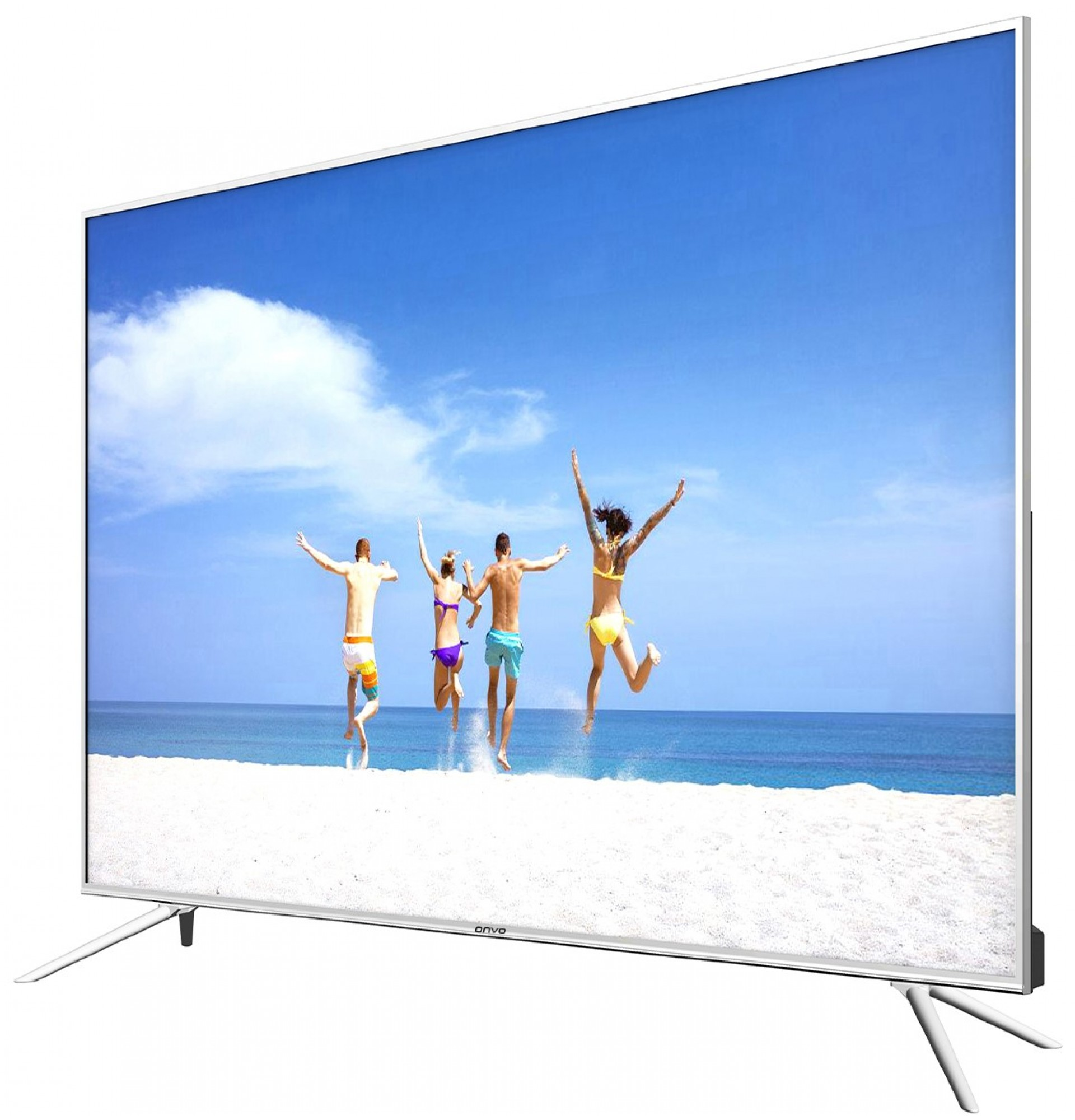 İnsanların zıpladığı bir plaj sahnesini gösteren bir TV ekranı.