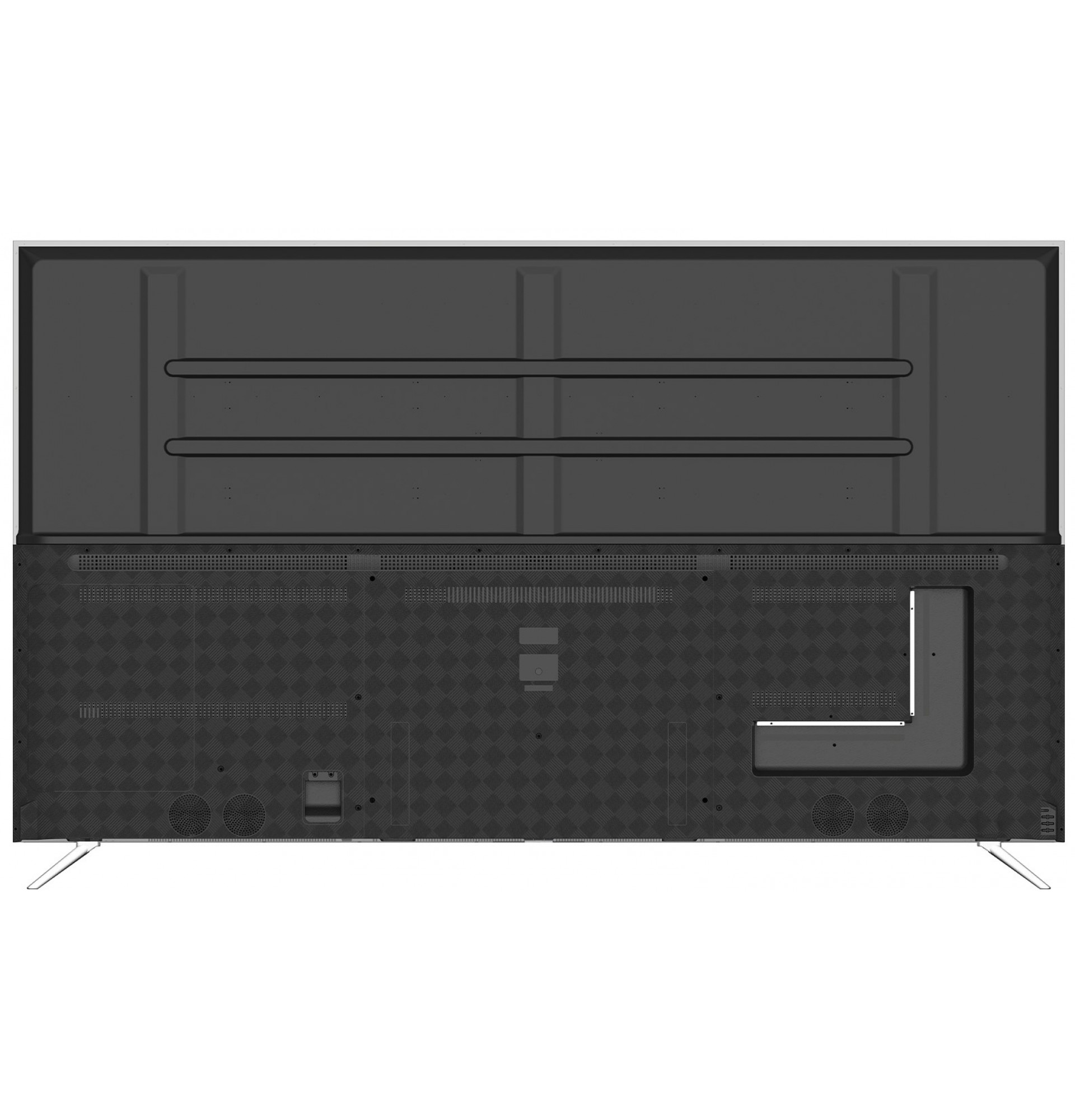 Büyük, modern bir TV'nin arkası. Koyu bir desene ve metal ayaklara sahip.