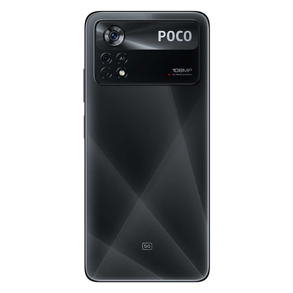 Siyah Poco telefonun arkası. Kameralar, Poco logosu ve altta 5G logosu var.