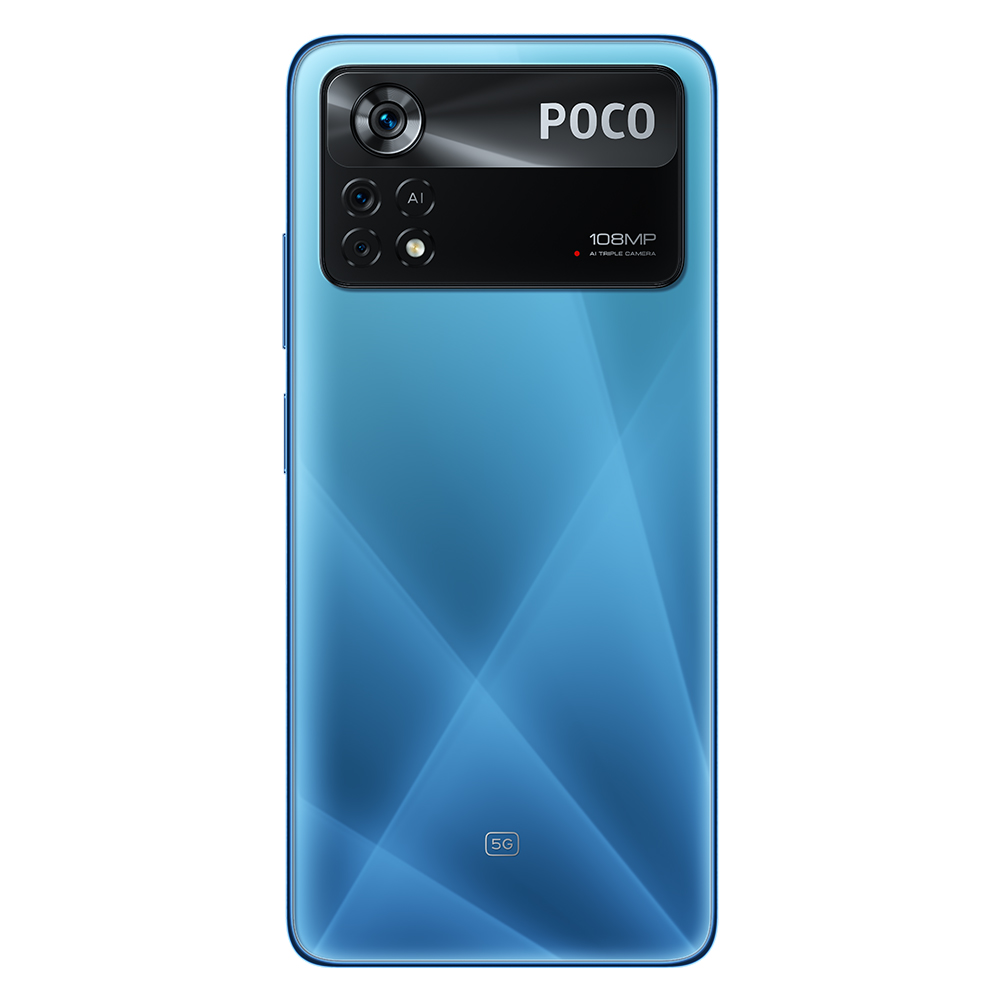 Arka kamera kurulumlu mavi telefon. POCO logosu ve 5G yazısı. Üstte siyah kamera modülü.