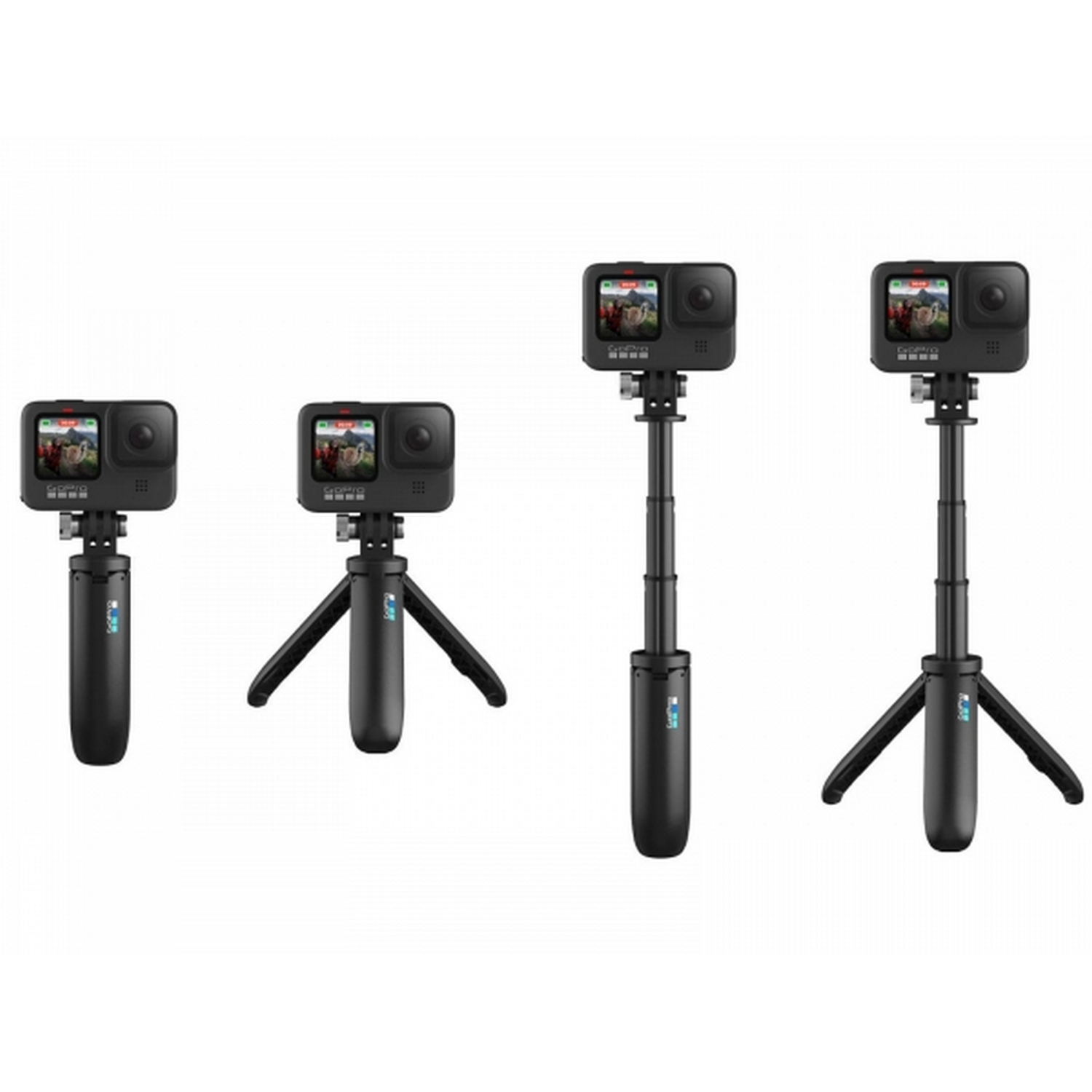 Cámaras GoPro en trípodes y palos selfie. Cuatro cámaras negras, diferentes longitudes de trípode y palo.