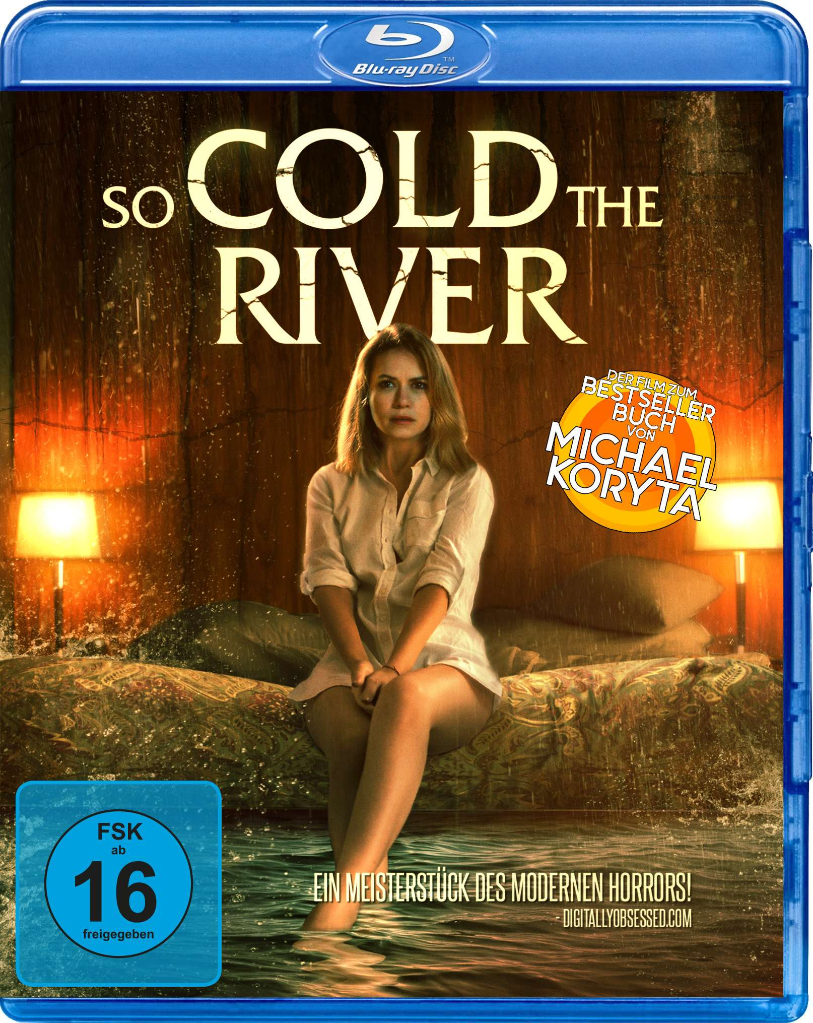 Filmcover: Frau in weißem Hemd auf einem Bett. Titel: "So Cold the River".
