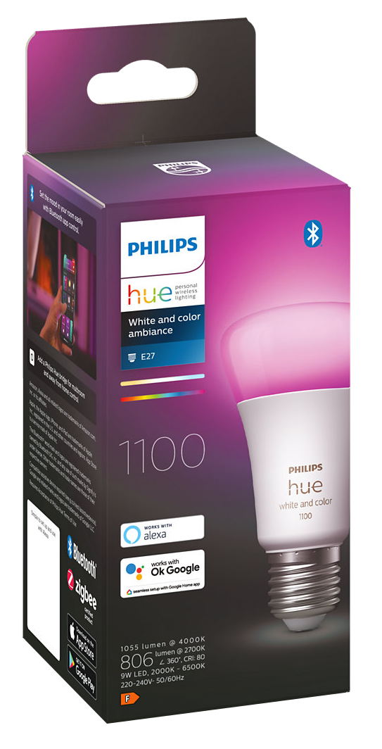 Philips Hue okosizzó dobozban, szöveggel, színátmenetekkel és telefonkép.