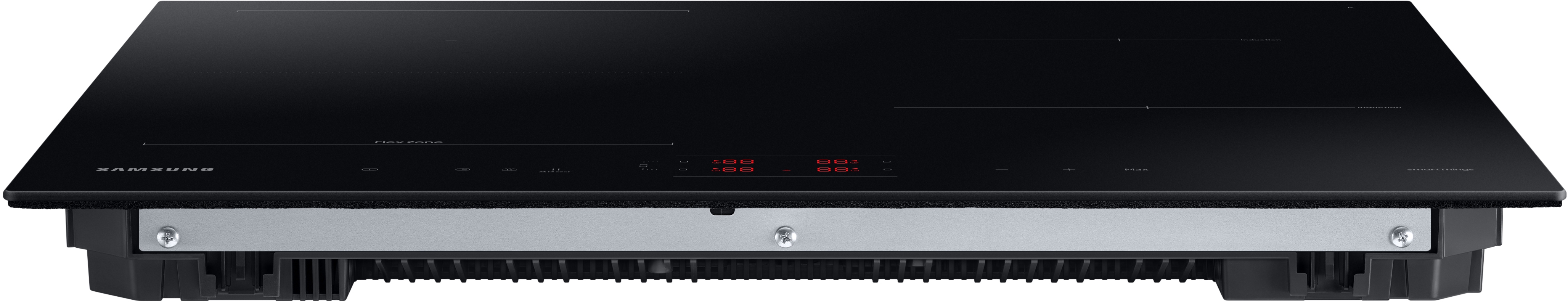 Black induction hob with a stainless steel frame. It has touch controls and a digital display.
