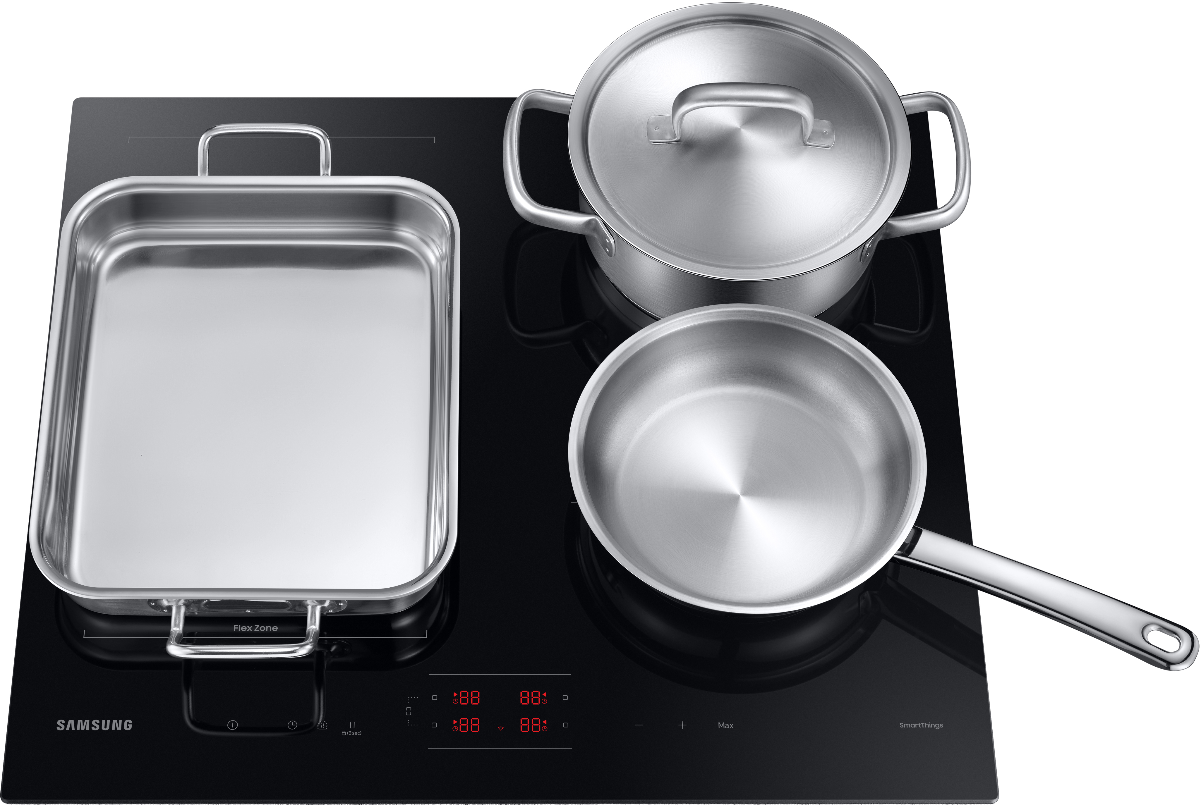 A black cooktop with three stainless steel pots.