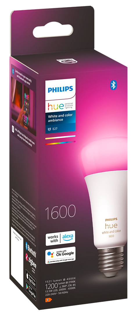 Philips Hue okosizzó doboza. Megjeleníti az izzót, a funkciókat és az alkalmazás integrációs részleteit.