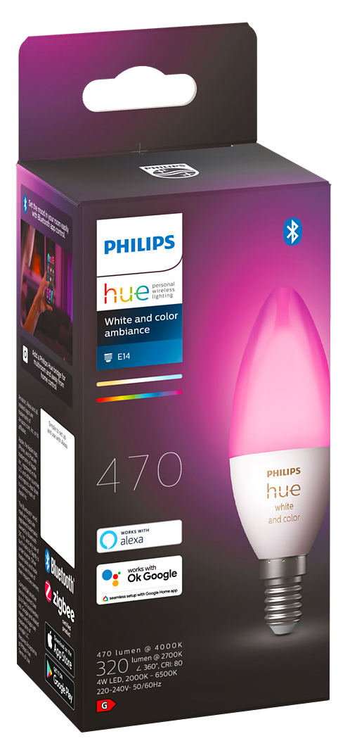 Egy Philips Hue okosizzó csomagolása, benne egy rózsaszín izzóval.
