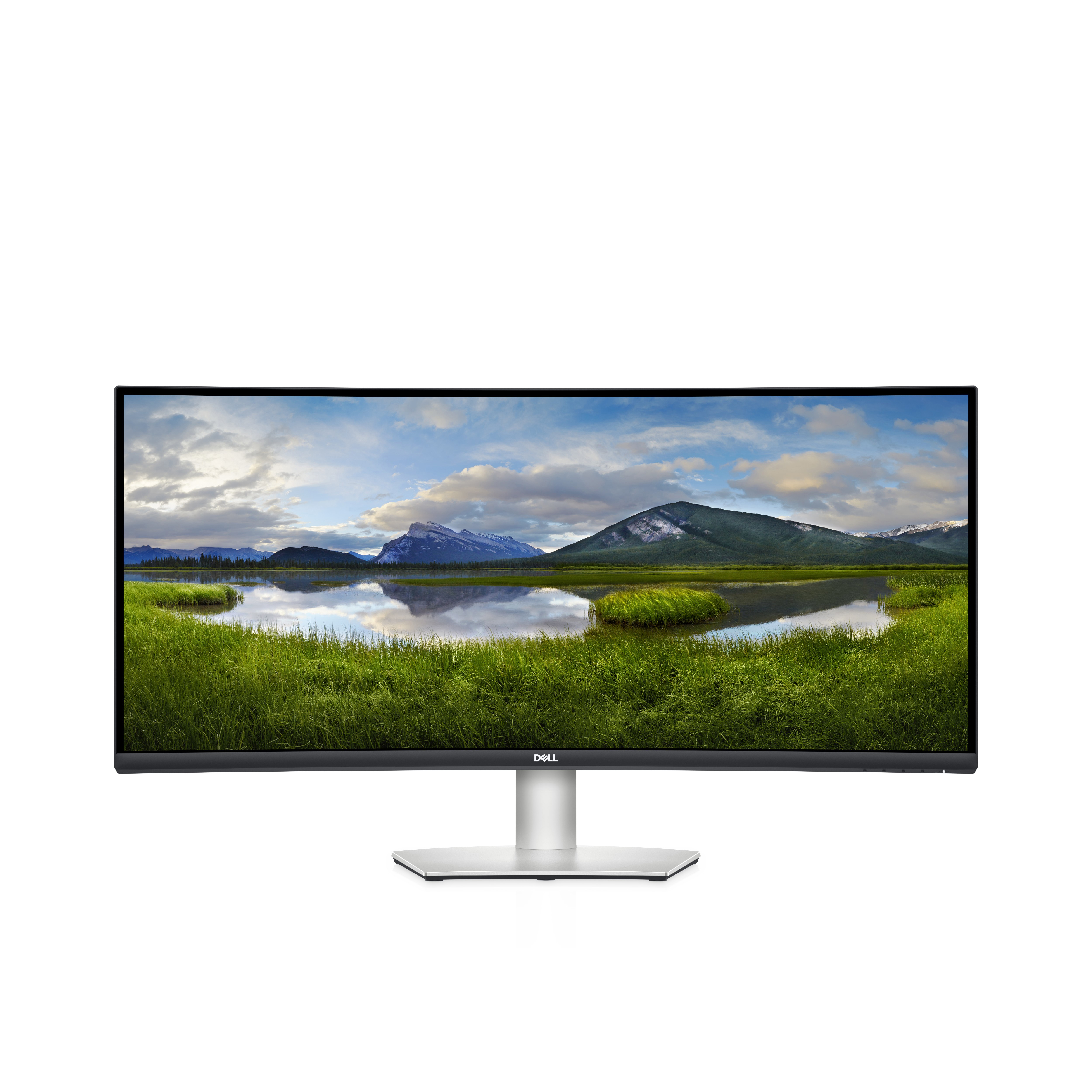 Gebogener Dell-Monitor, Landschaft mit Wasser und Bergen auf Weiß.