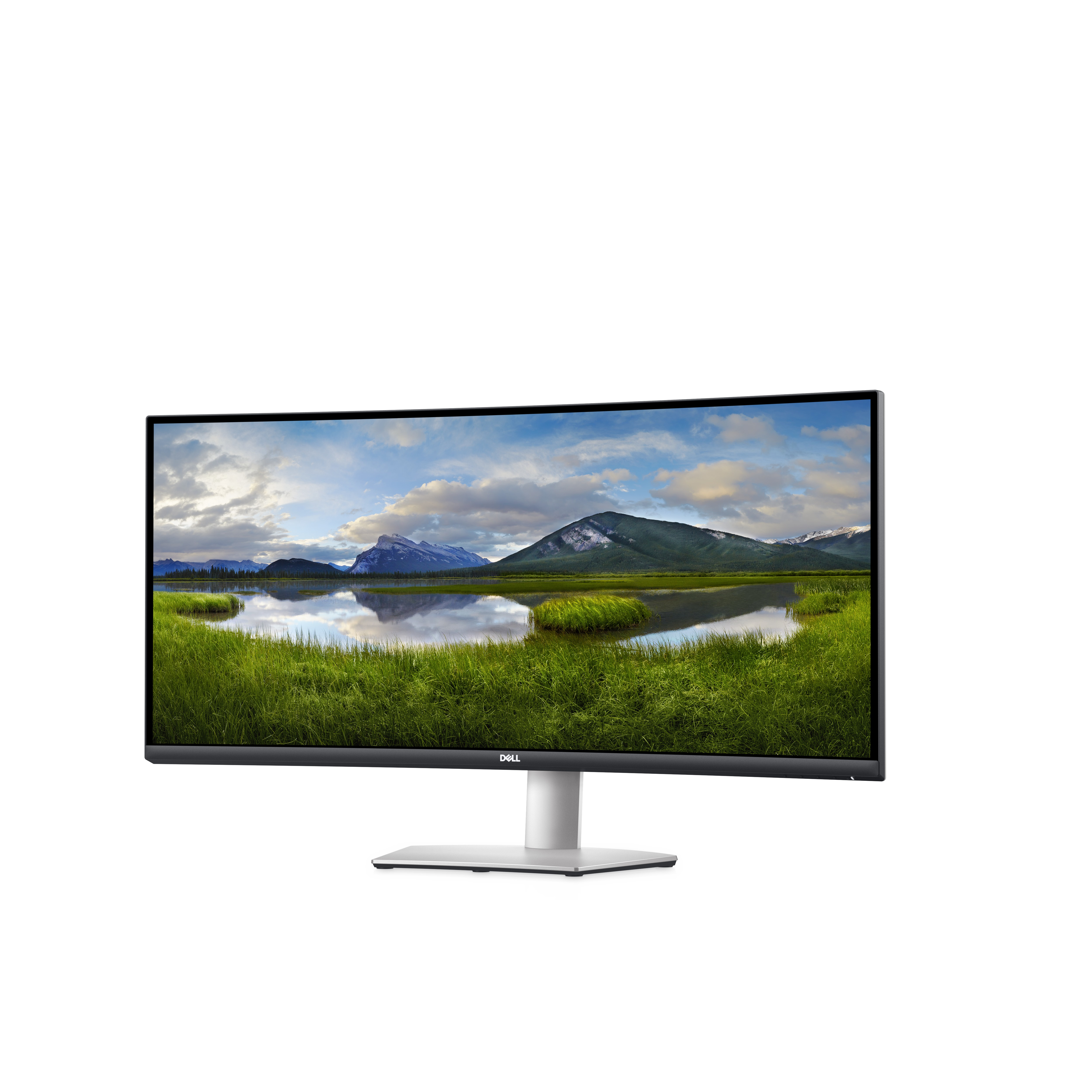 Ein breiter Monitor, der eine Landschaftsszene zeigt, mit einem grünen Feld, Wasser und blauem Himmel, weißer Hintergrund.