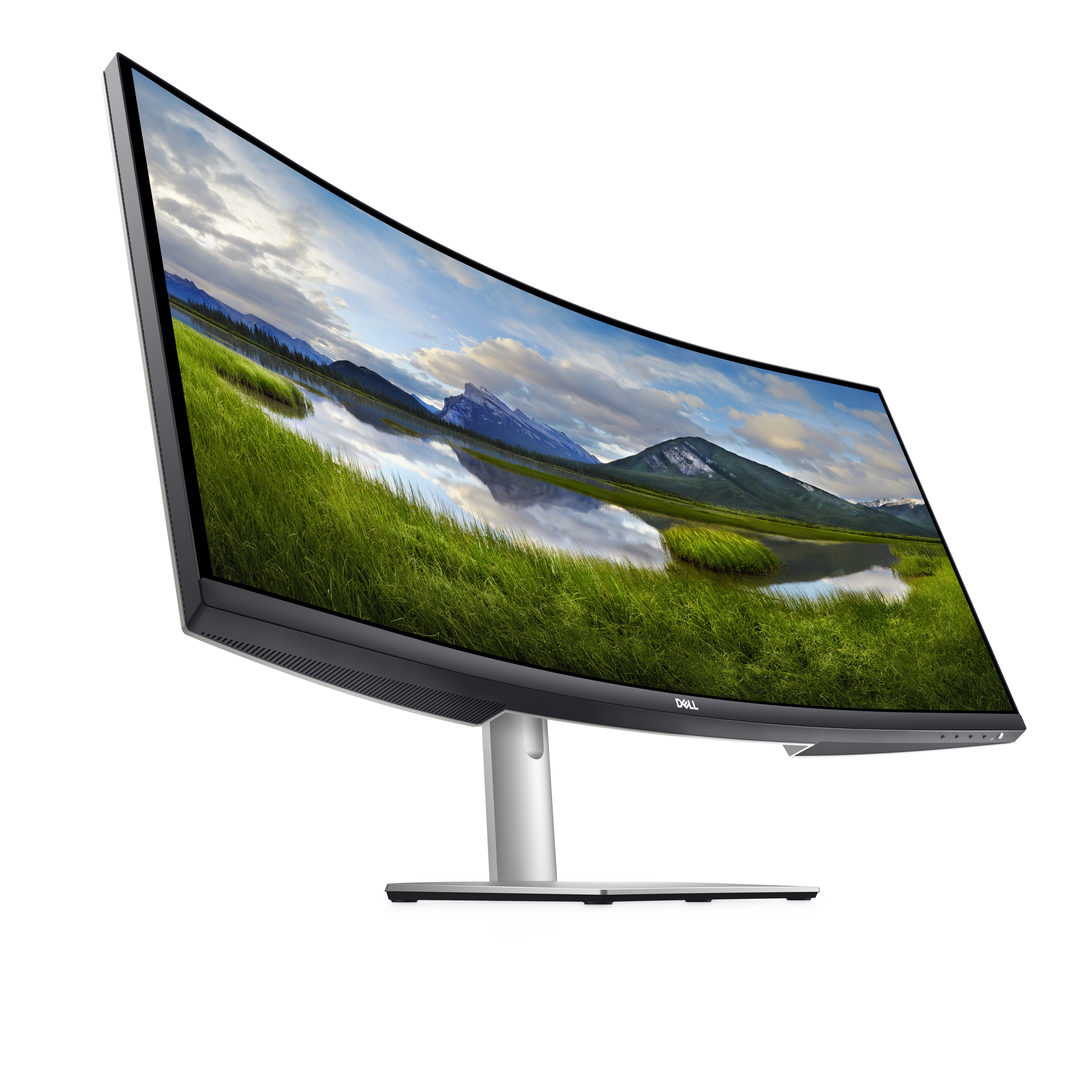 Gebogener Computermonitor mit Landschaftshintergrund. Silberner Ständer. Schwarzer Rahmen. Winkelansicht.