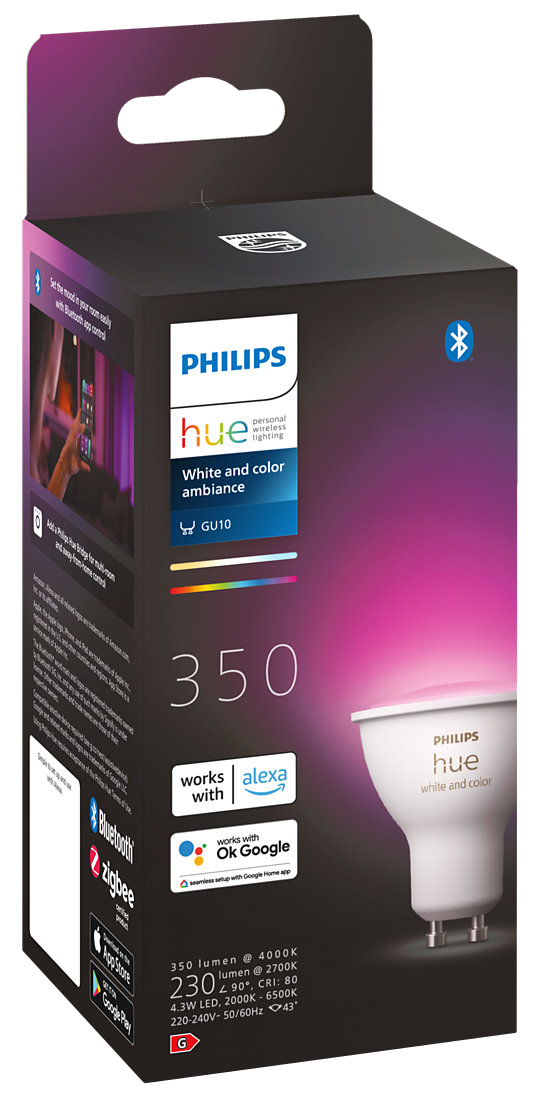 Doboz Philips Hue izzóval. A doboz fehér és színes hangulat funkcióval rendelkezik.