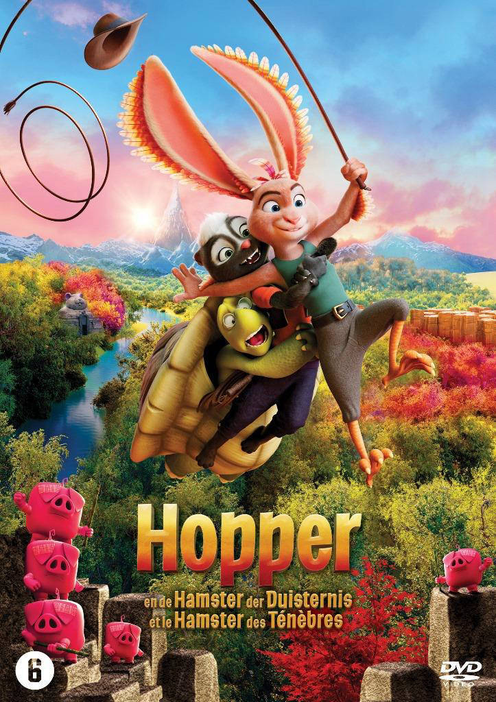 Une affiche de film pour 'Hopper', avec un lapin, une moufette et une tortue.