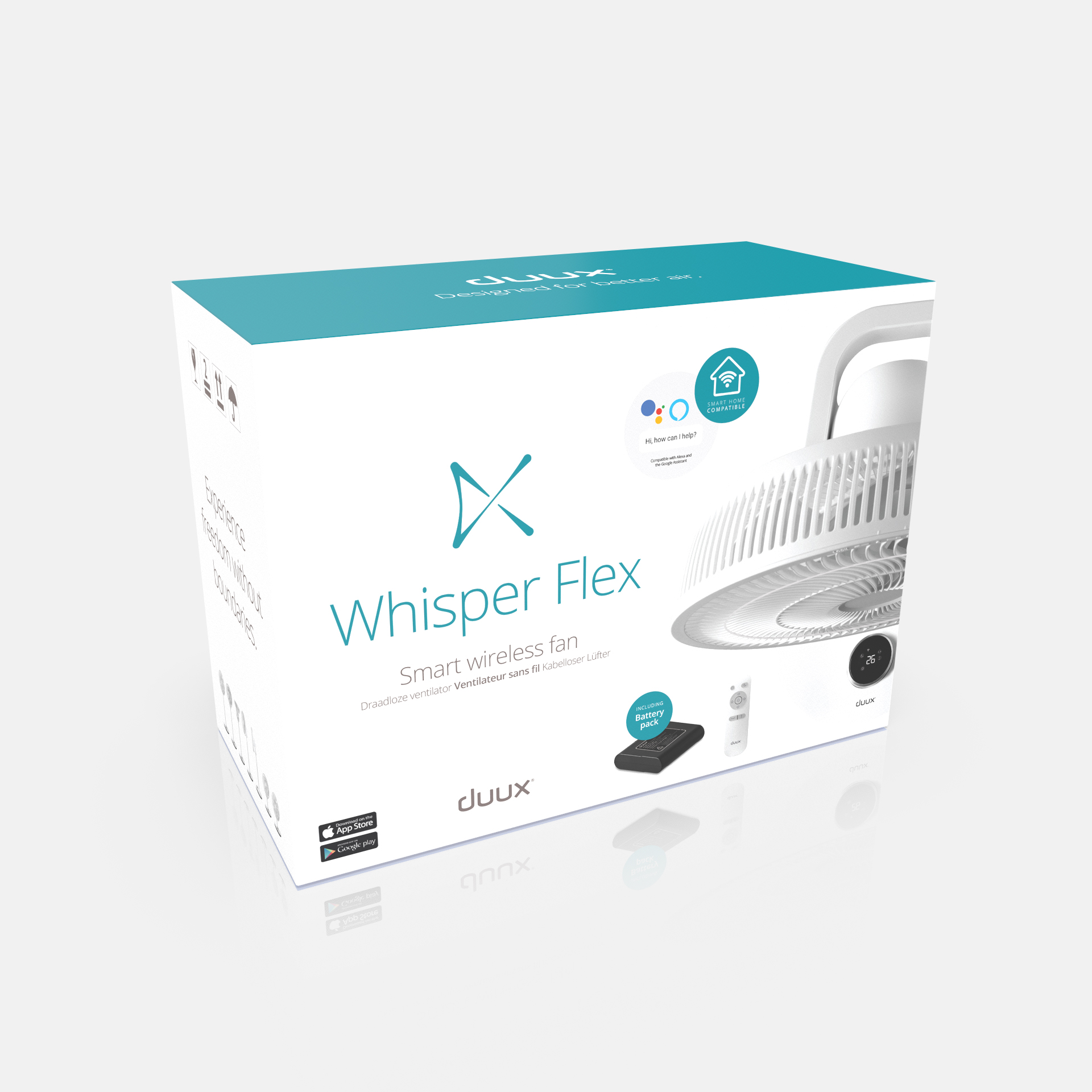 Doos van een witte en blauwgroene Whisper Flex slimme draadloze ventilator, met een ventilatorafbeelding.
