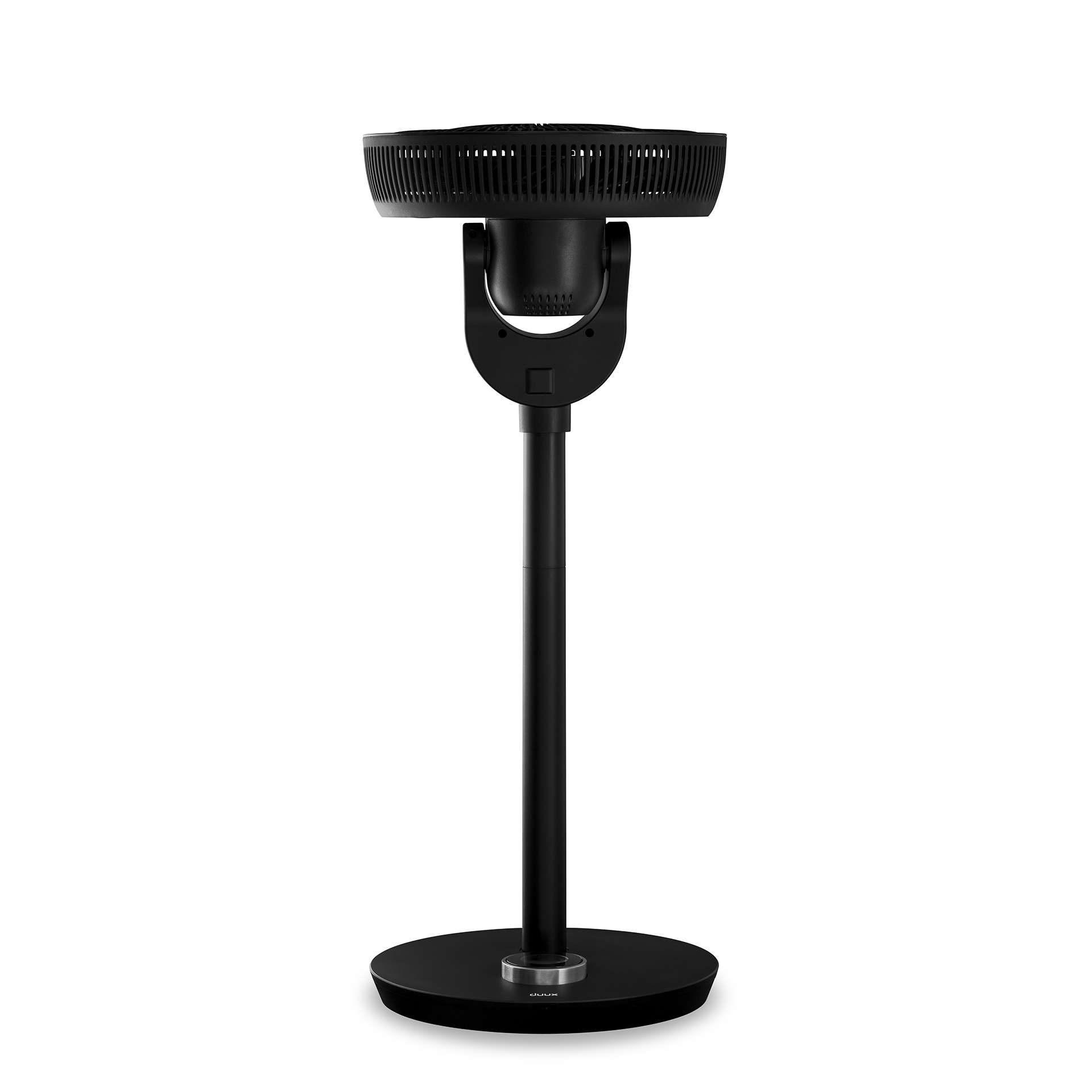 Black standing fan on a white background. The fan is turned on.