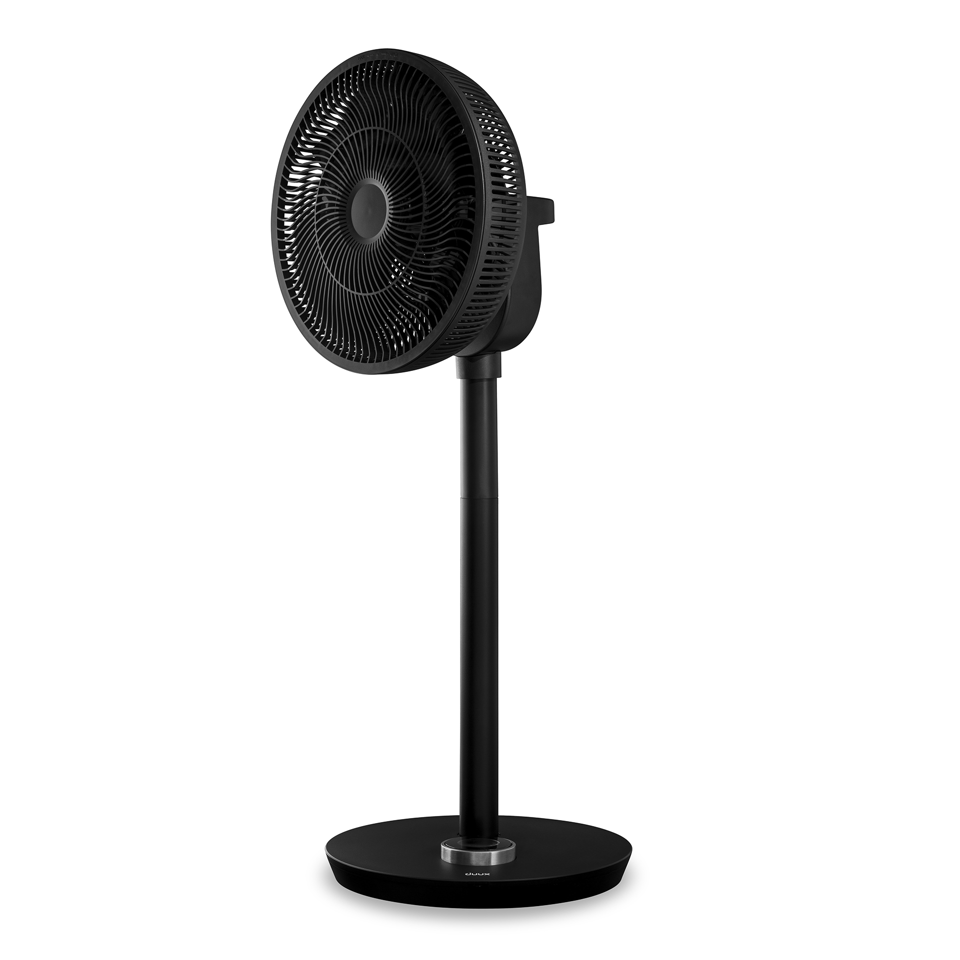 Black stand fan with circular head. Base and pole are black. White background.
