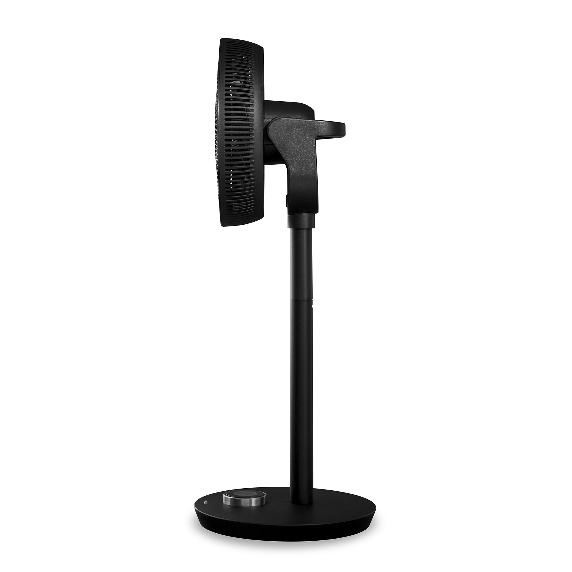 Black standing fan. It has a round base and a control panel at the base.