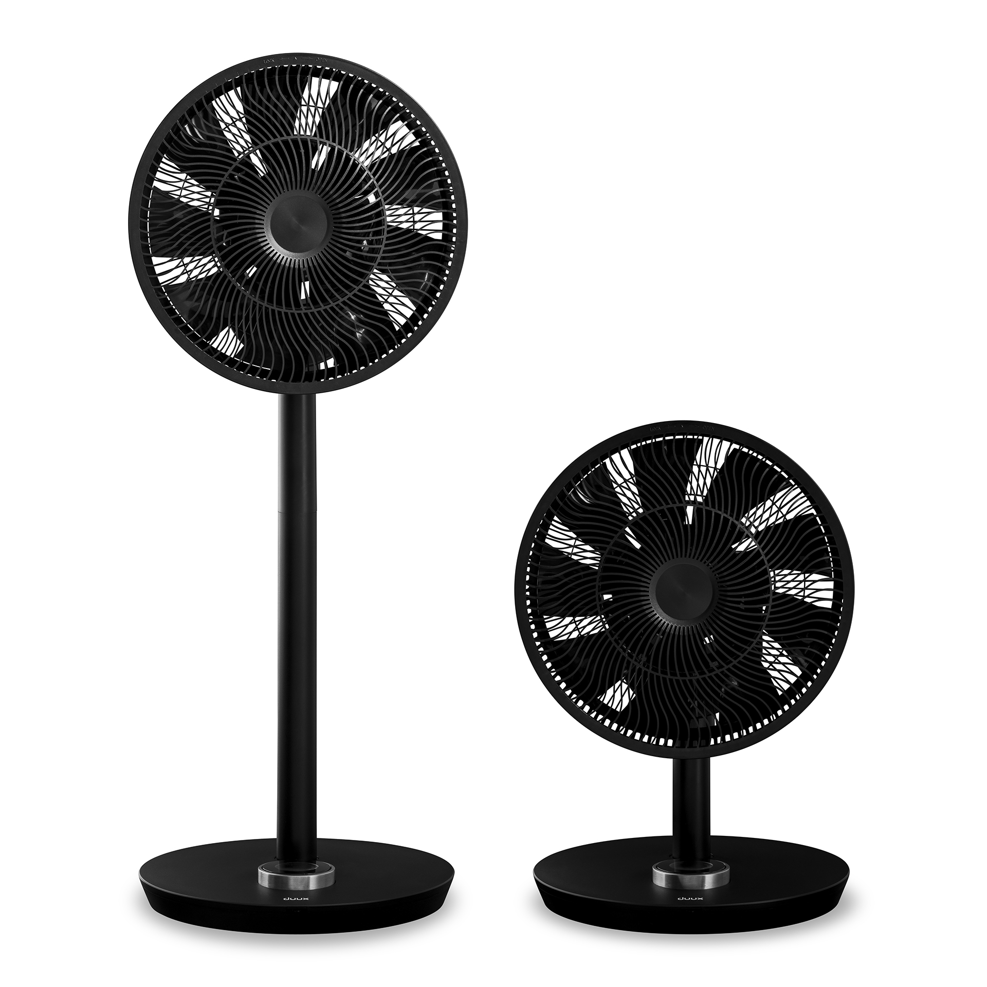 Two black fans, one tall, one short, both with black blades and stands.