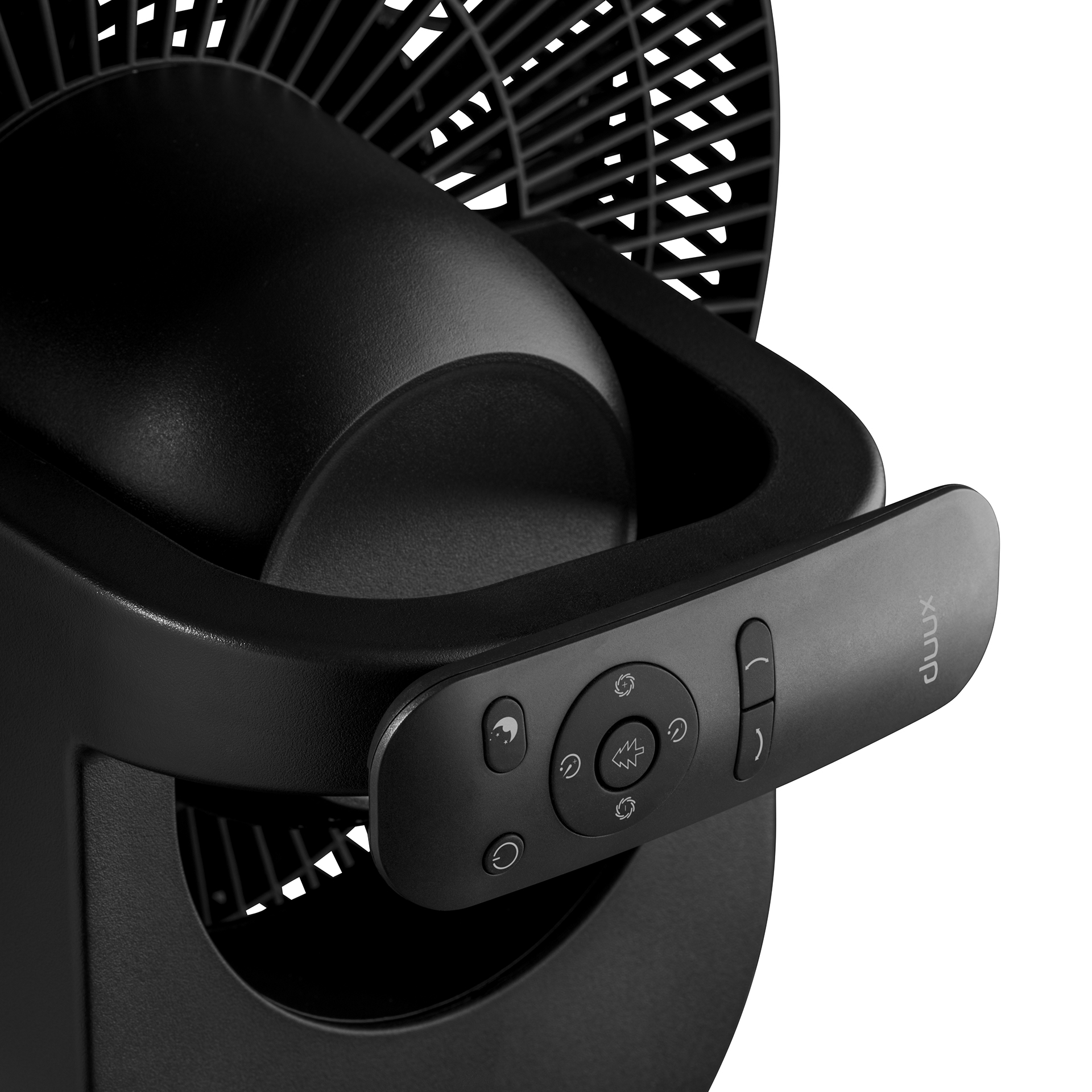 Close-up of a black fan with control buttons for power, mode, and timer.