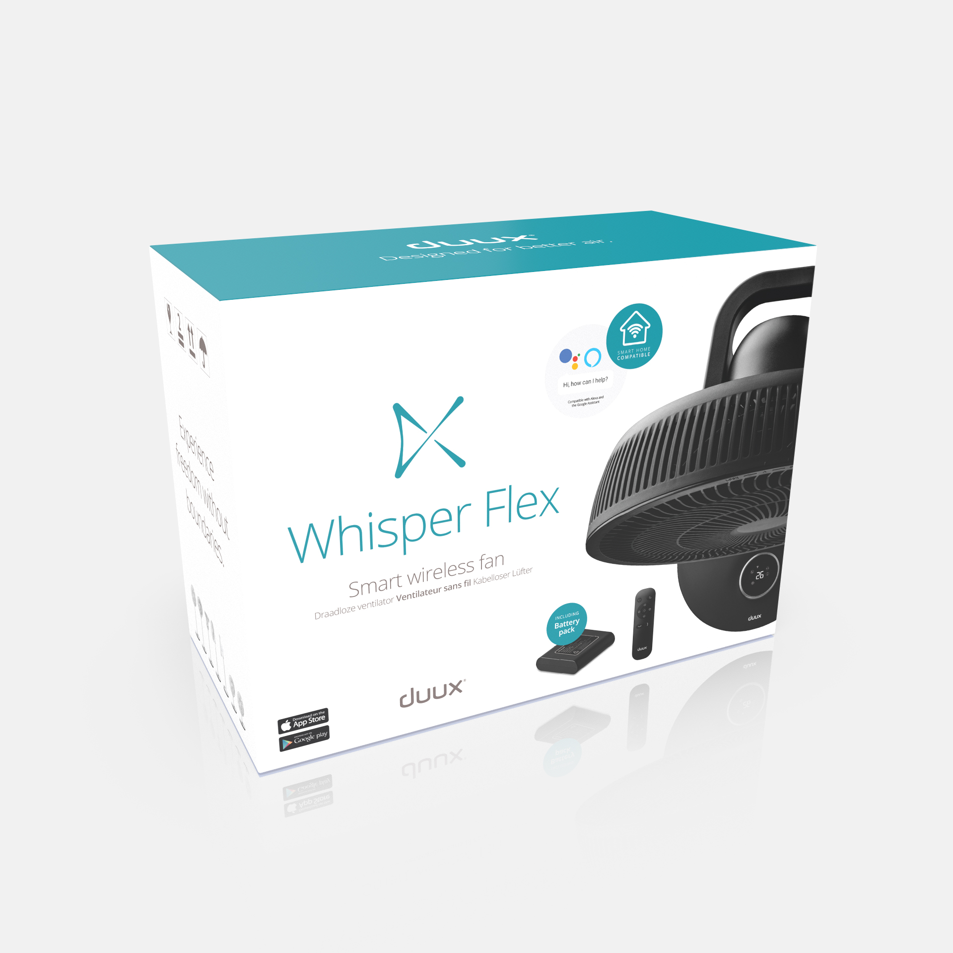 Box for a Whisper Flex smart fan. Black fan displayed on the box. White background.