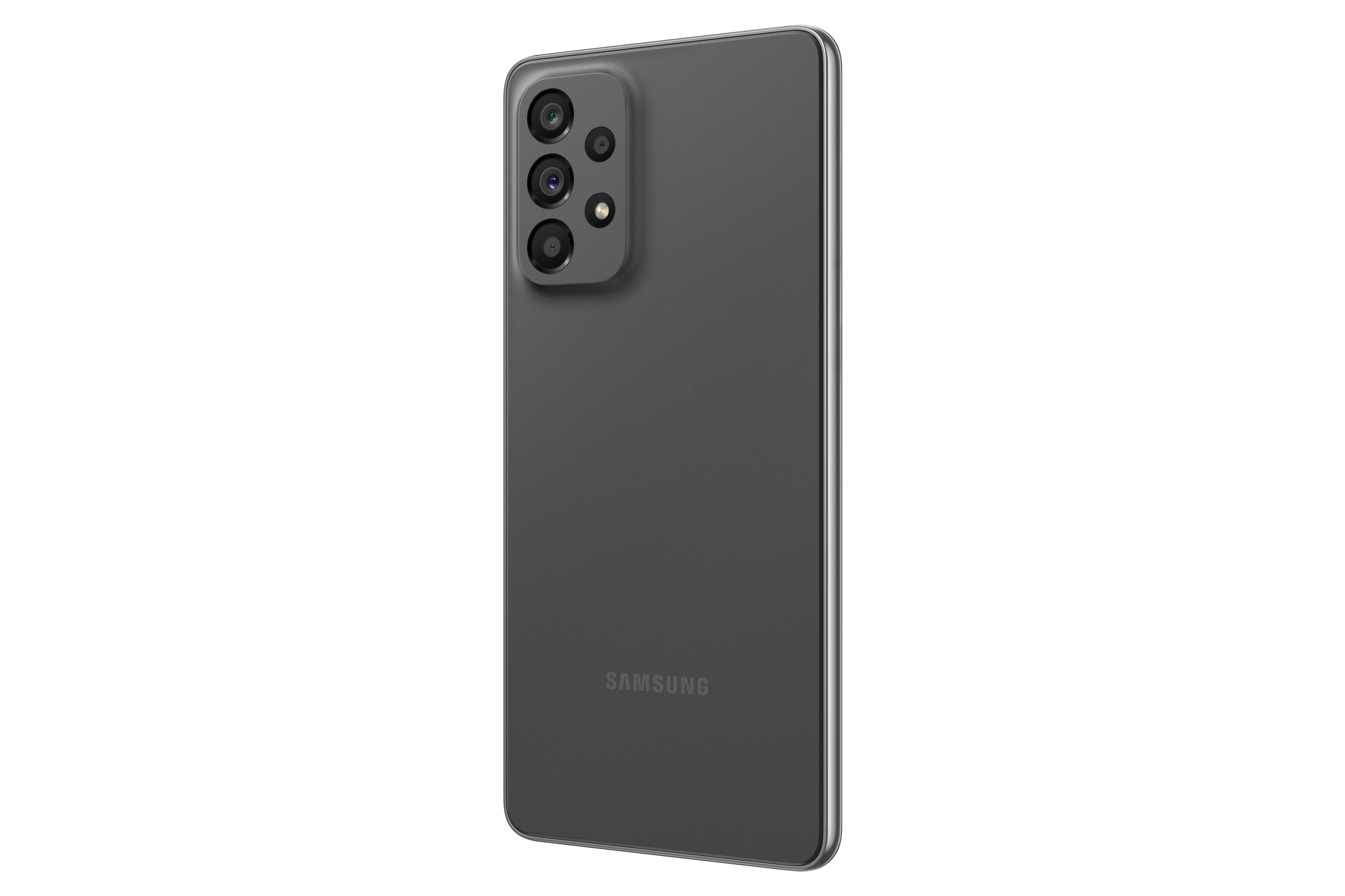 Arka taraftan gri akıllı telefon. Bir kamera dizisi ve Samsung logosu var.