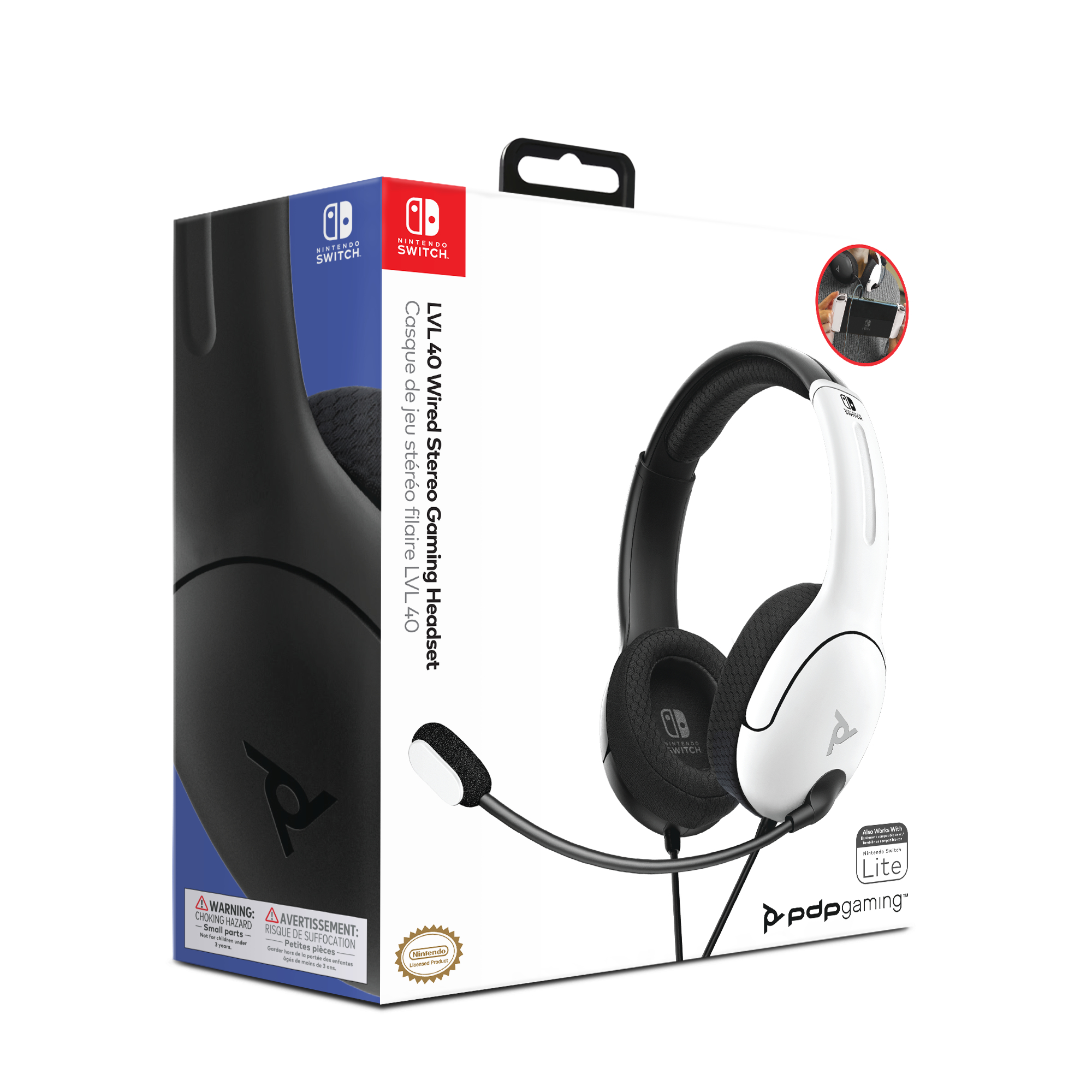Spiel-Headset-Box. Weißes Headset auf der rechten Seite. Schwarze und rote Box mit Text.