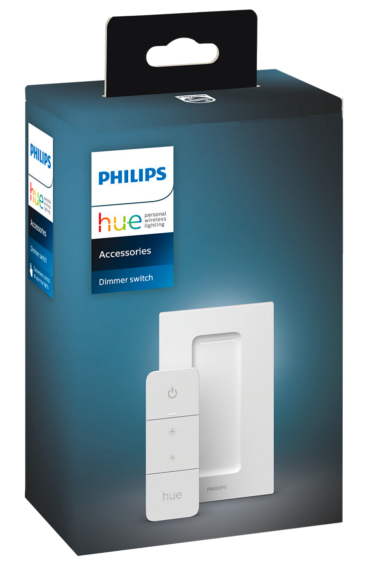 A Philips Hue fényerőszabályzó kapcsolója és távirányítója látható a dobozban.