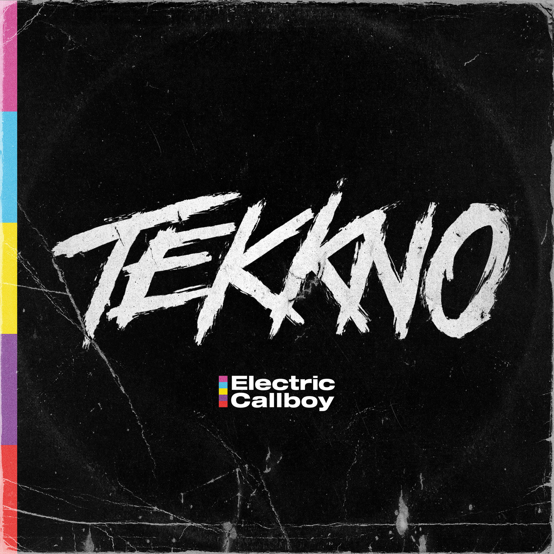 Albumcover. Text 'TEKKNO' in Weiß, mit farbigen Streifen links. 'Electric Callboy' darunter.