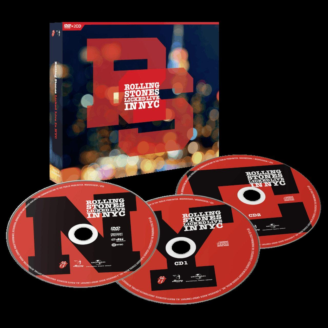Rolling Stones 'Licked Live in NYC' DVD and CD set. CDs are red. Box and discs are on dark background.
