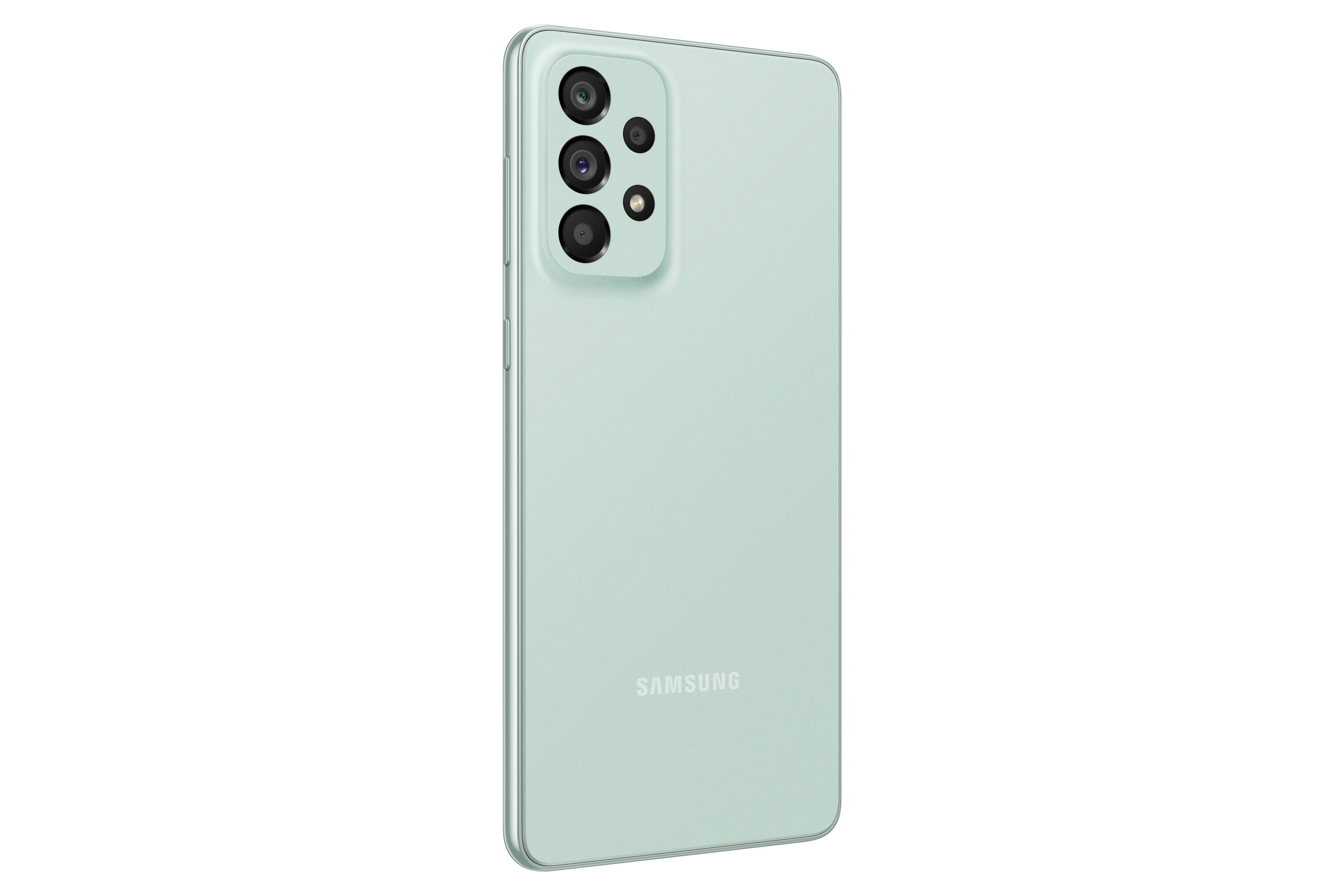 Çoklu arka kameralı, nane yeşili bir Samsung telefon.