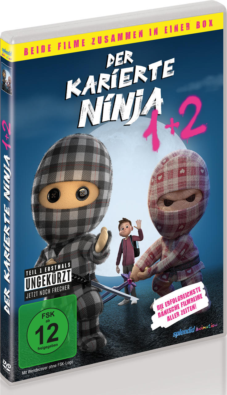DVD-Hülle von 'Der Karierte Ninja 1+2'. Zwei Cartoon-Ninjas, einer mit einem Jungen auf dem Cover.