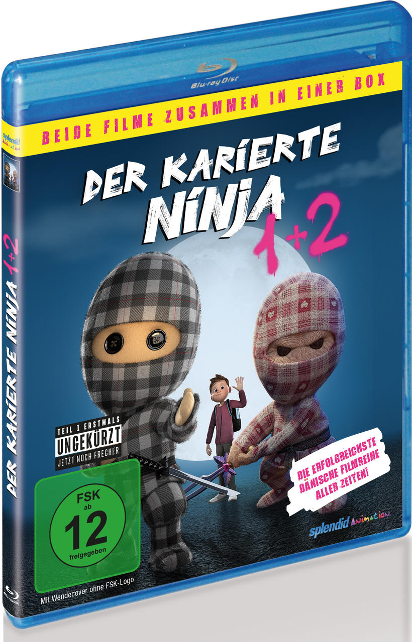 Blu-ray-Disc von 'Der karierte Ninja 1+2'. Cartoon-Ninjas auf dem Cover, mit Junge und Mond.