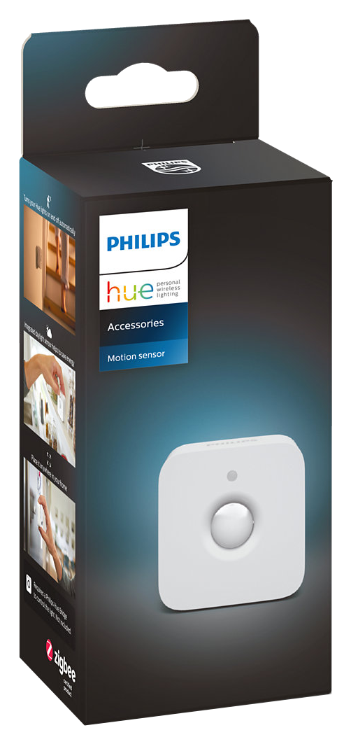Philips Hue mozgásérzékelő doboz. Fehér érzékelő fekete dobozzal. Fehér háttér.