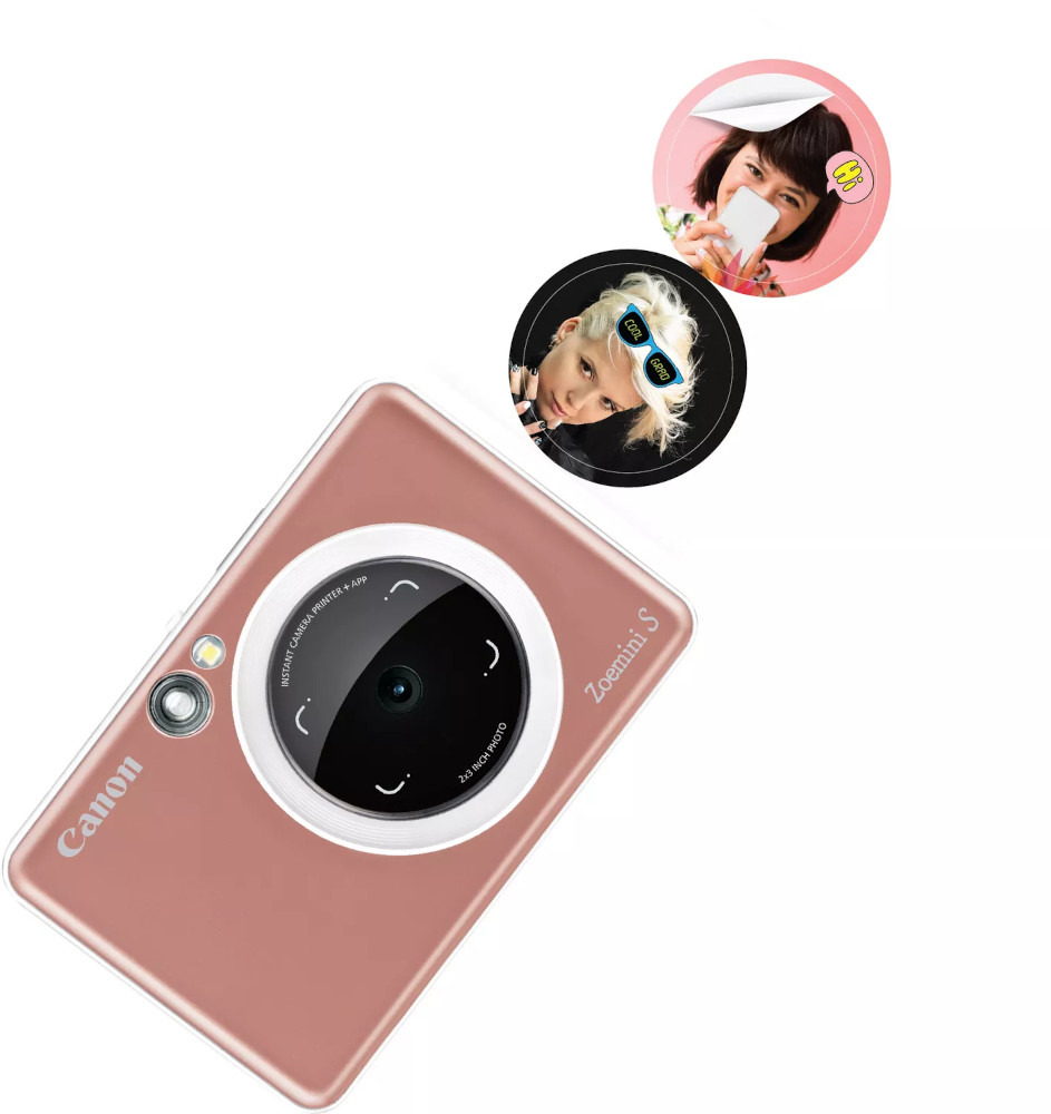 Canon Zoemini S camera printer. It shows the camera and two images of people.