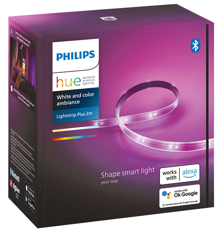 Philips Hue Lightstrip doboz. Fehér és színes hangulat. Okosfény formázása.