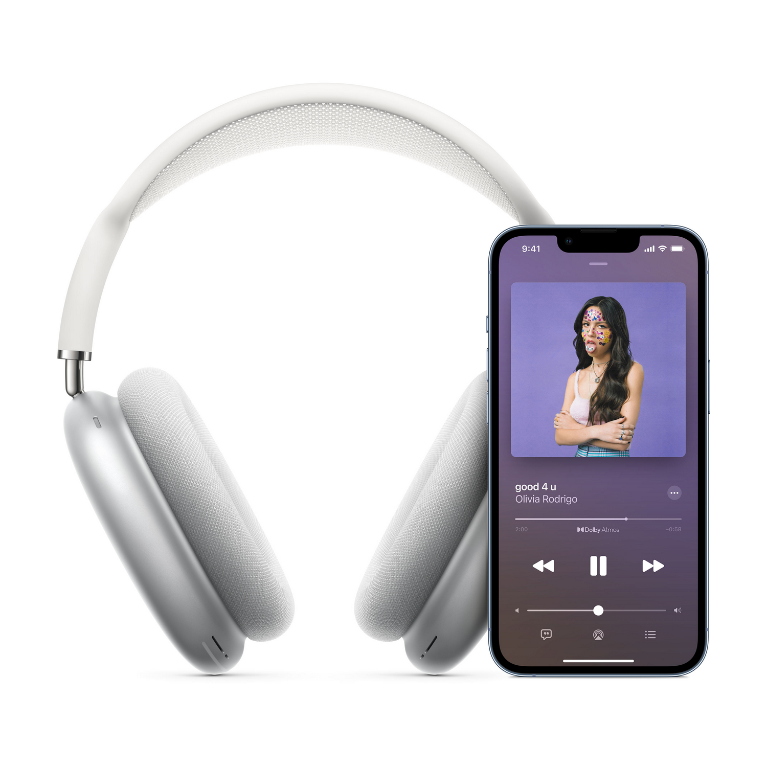Auriculares blancos junto a un teléfono reproduciendo una canción de Olivia Rodrigo.