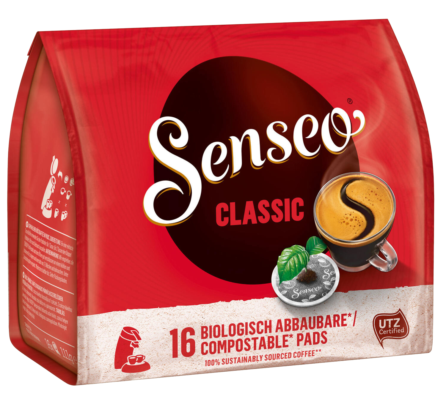 Piros kávépárna csomag Senso logóval és kávéscsésze képpel. 16 párna és komposztálható címke.