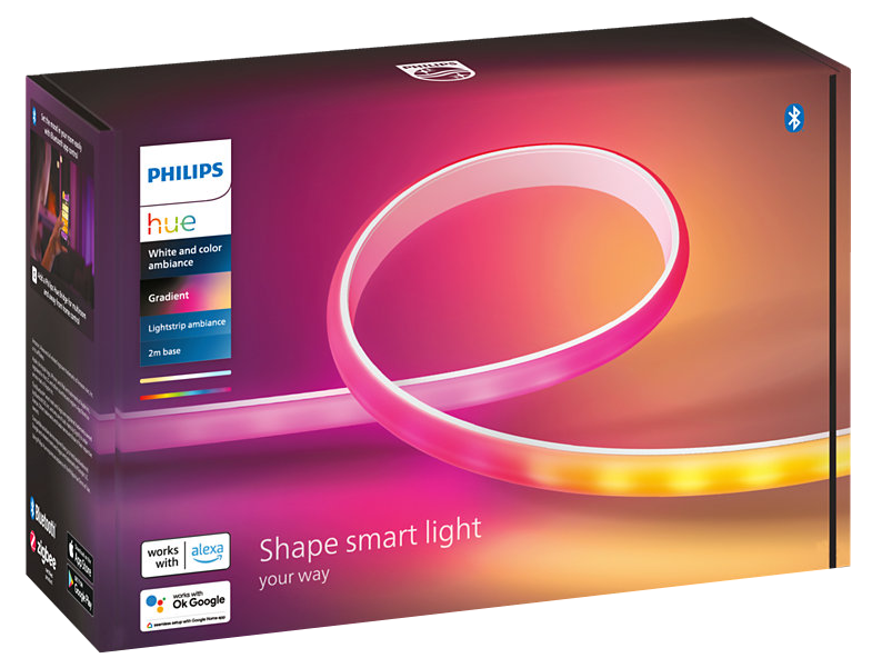 Egy Philips Hue lightstrip doboza. Fehér, rózsaszín és lila, a lightstrip látható.