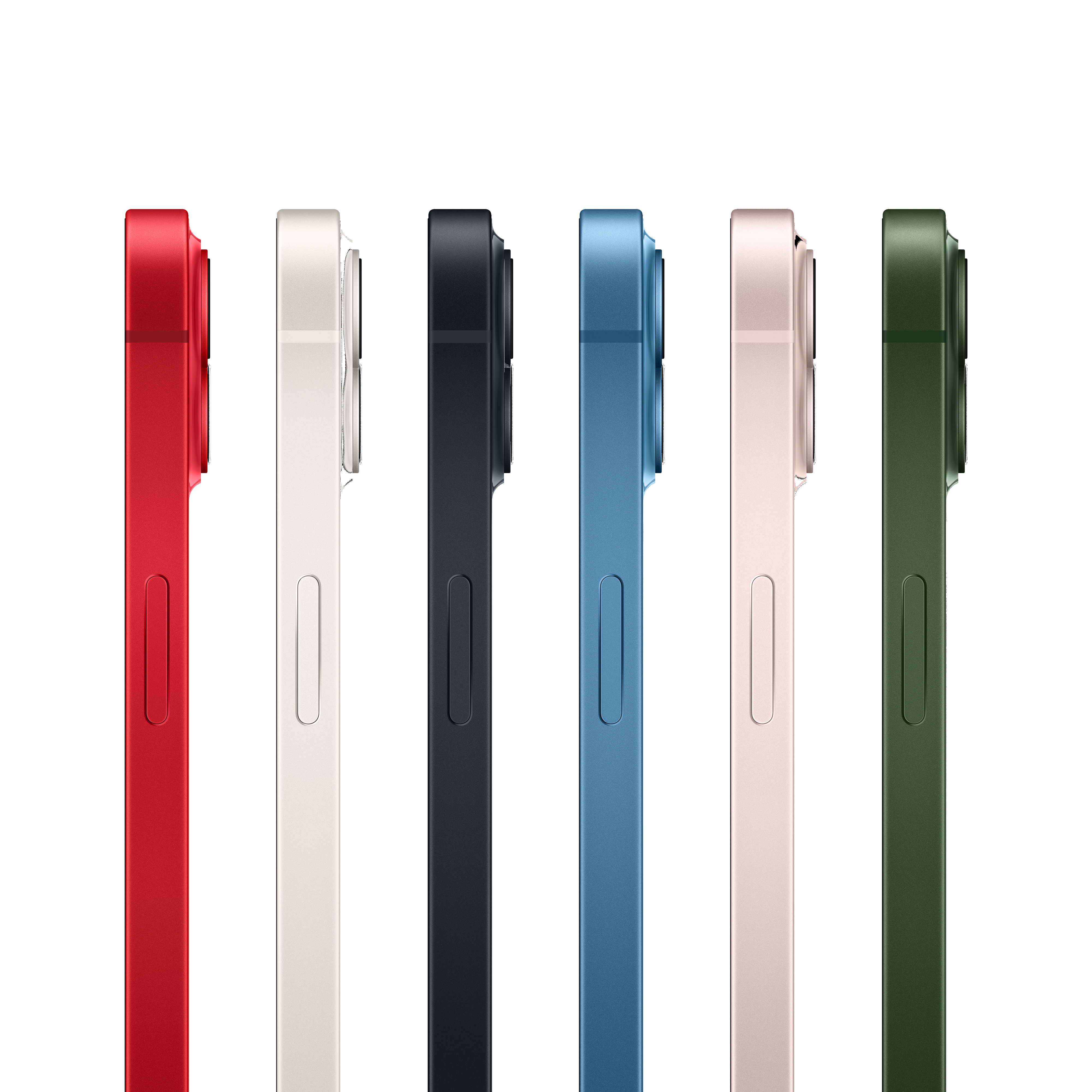 Altı renkli iPhone'un yan görünümü. Kırmızı, beyaz, siyah, mavi, pembe ve yeşil. Siyah arka plan.