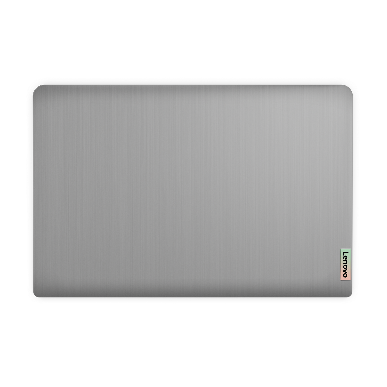 Un portátil plateado, vista superior, con el logotipo de Lenovo en la esquina inferior derecha, fondo blanco.