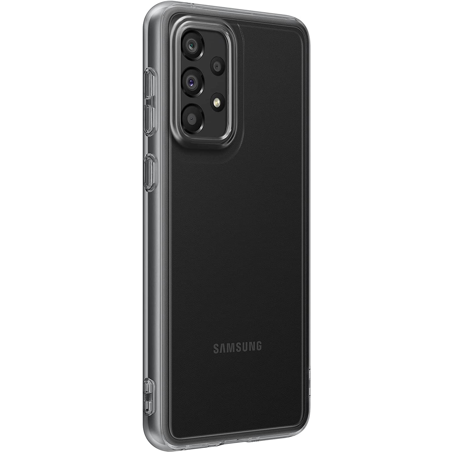 Teléfono negro con funda transparente. La cámara está en la parte trasera y el logo de Samsung visible.