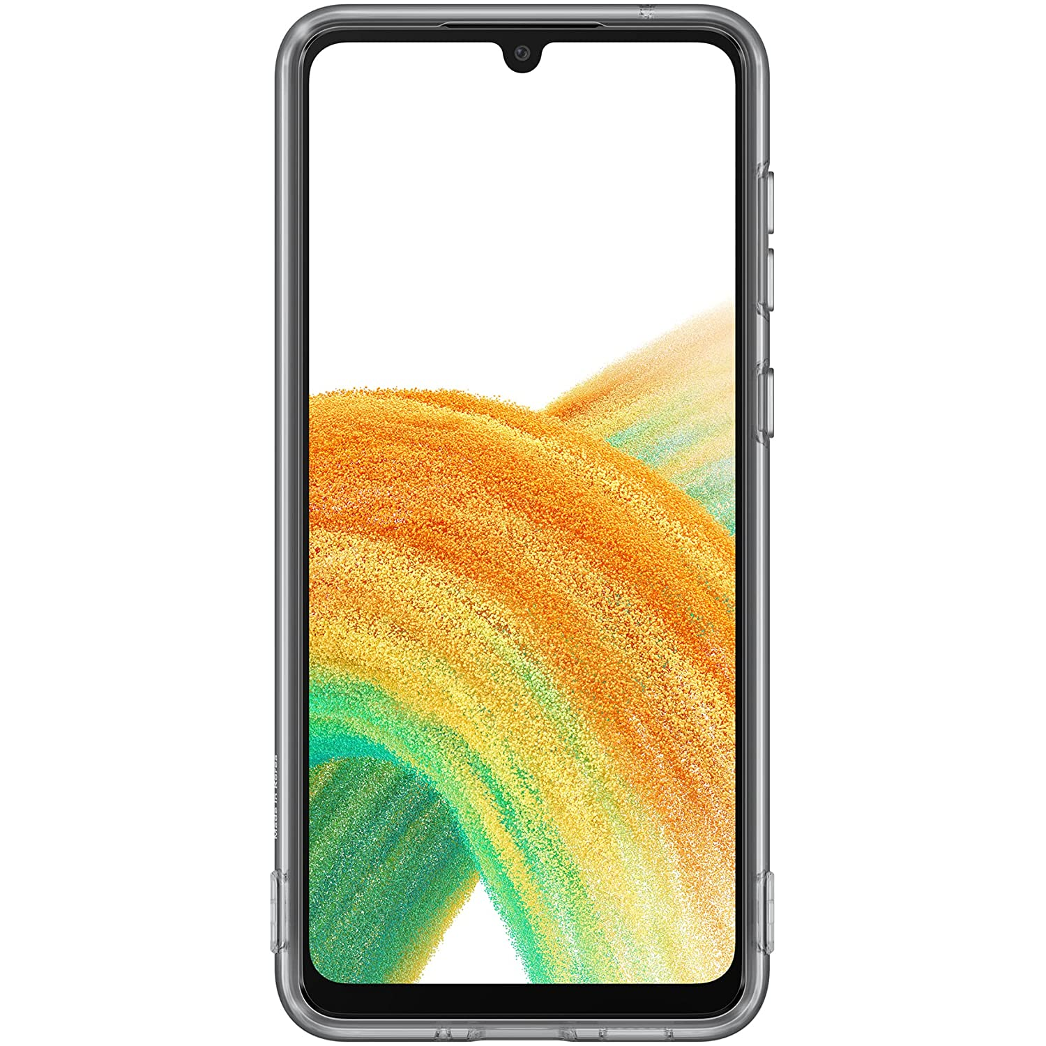 Smartphone Samsung Galaxy A33 en una funda transparente. La pantalla muestra un patrón abstracto.