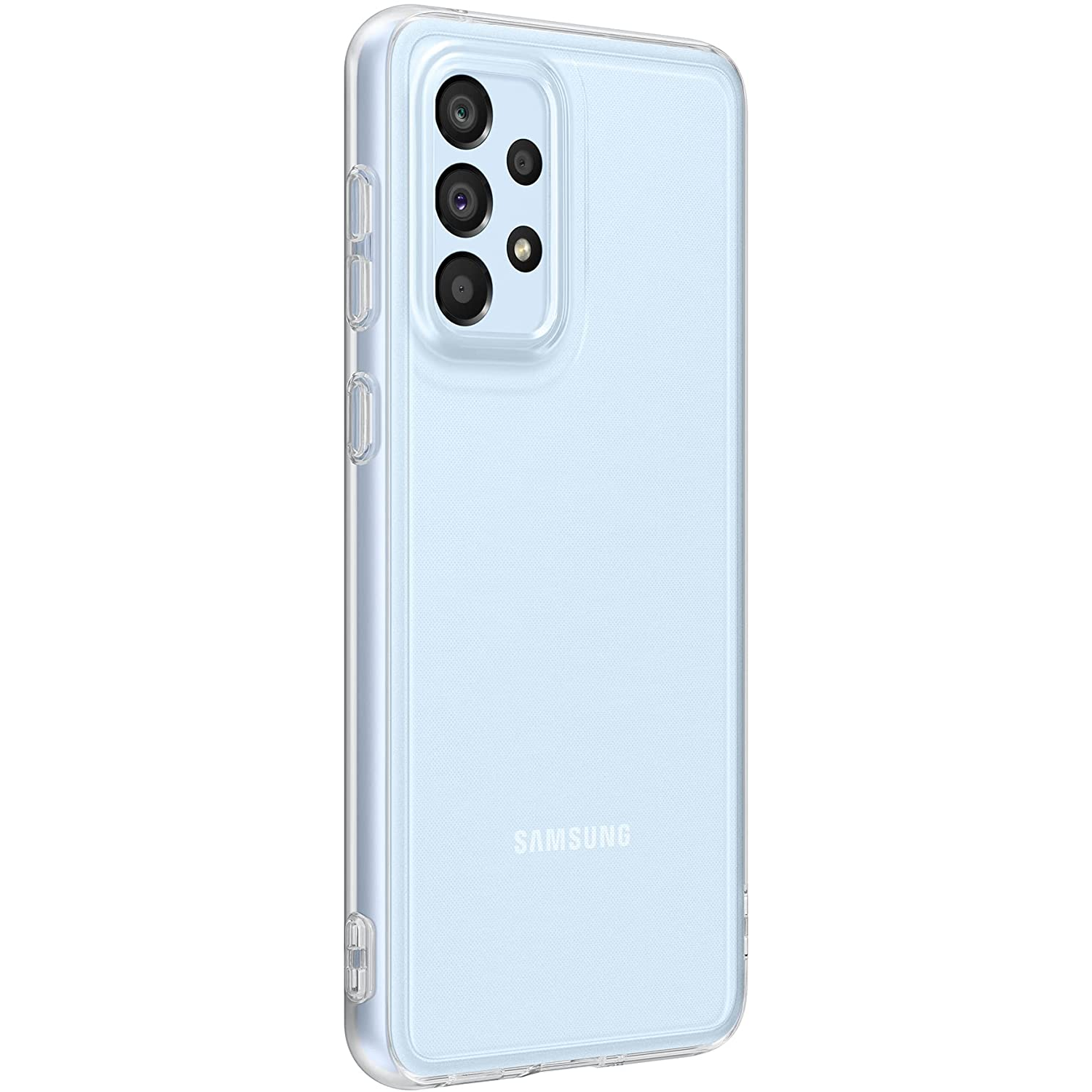 Un teléfono azul claro con una funda transparente. SAMSUNG está escrito en la parte trasera.